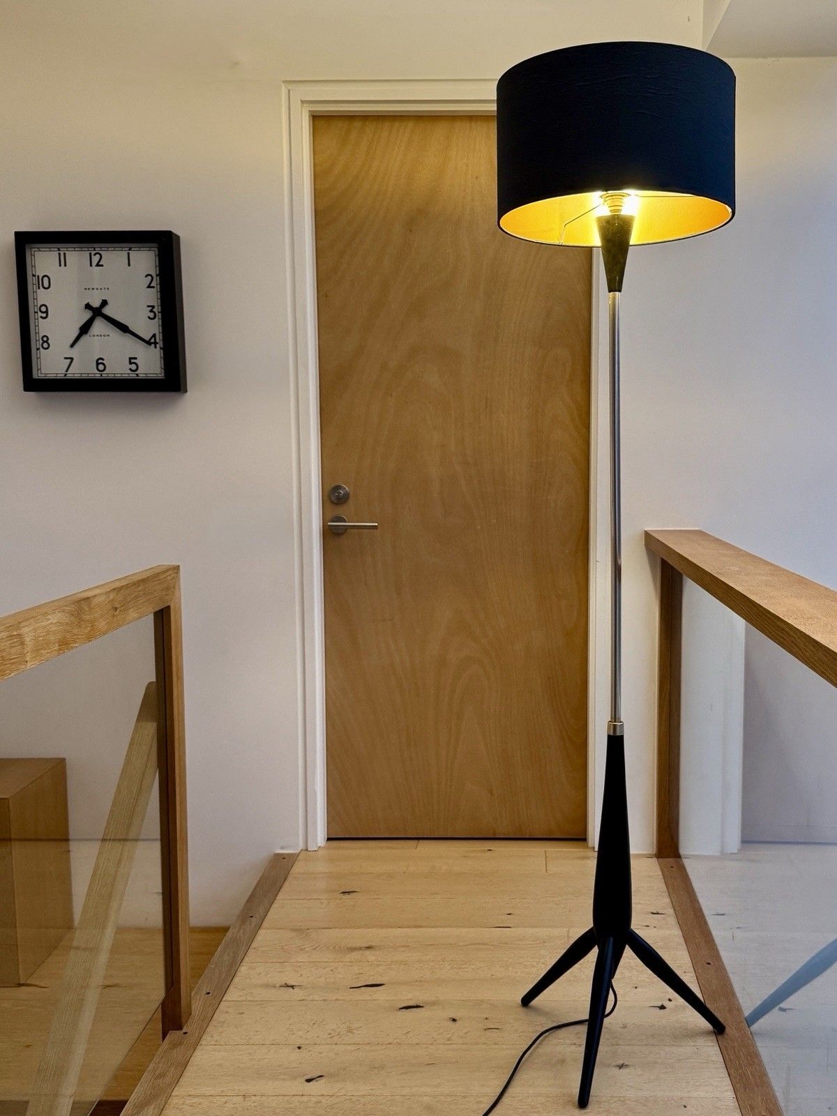Very Tall 1950s Brass & Ebonised Wood Tripod Floor Lamp With Shade Vgc photo 250.0