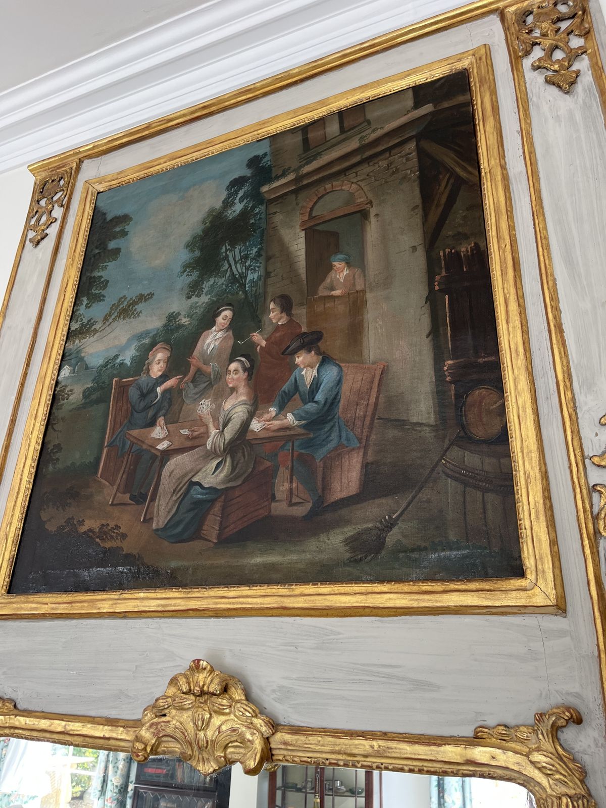 Pair Exquisite Large Trumeau Grey And Gilt Wall Mirrors With Oil Paintings Of Pastoral Scenes photo for sale