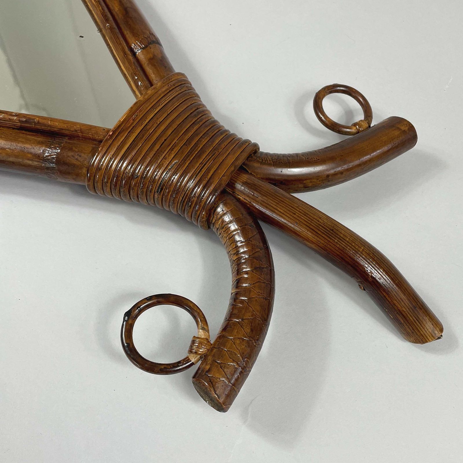 Mid Century Bamboo & Rattan Fish Shaped Mirror, France 1950s photo for sale