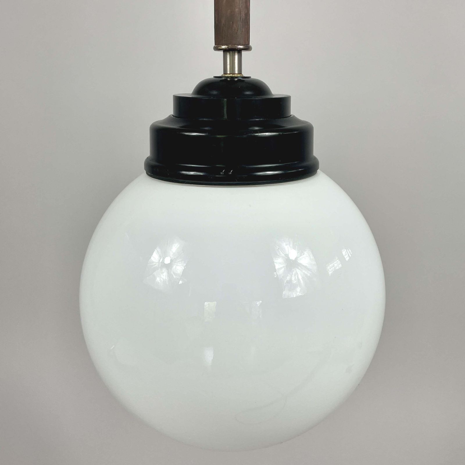 Pair Opaline Glass, Bakelite & Wood Pendants By Sieverts Kabelverk, Sweden 1940s photo vinterior