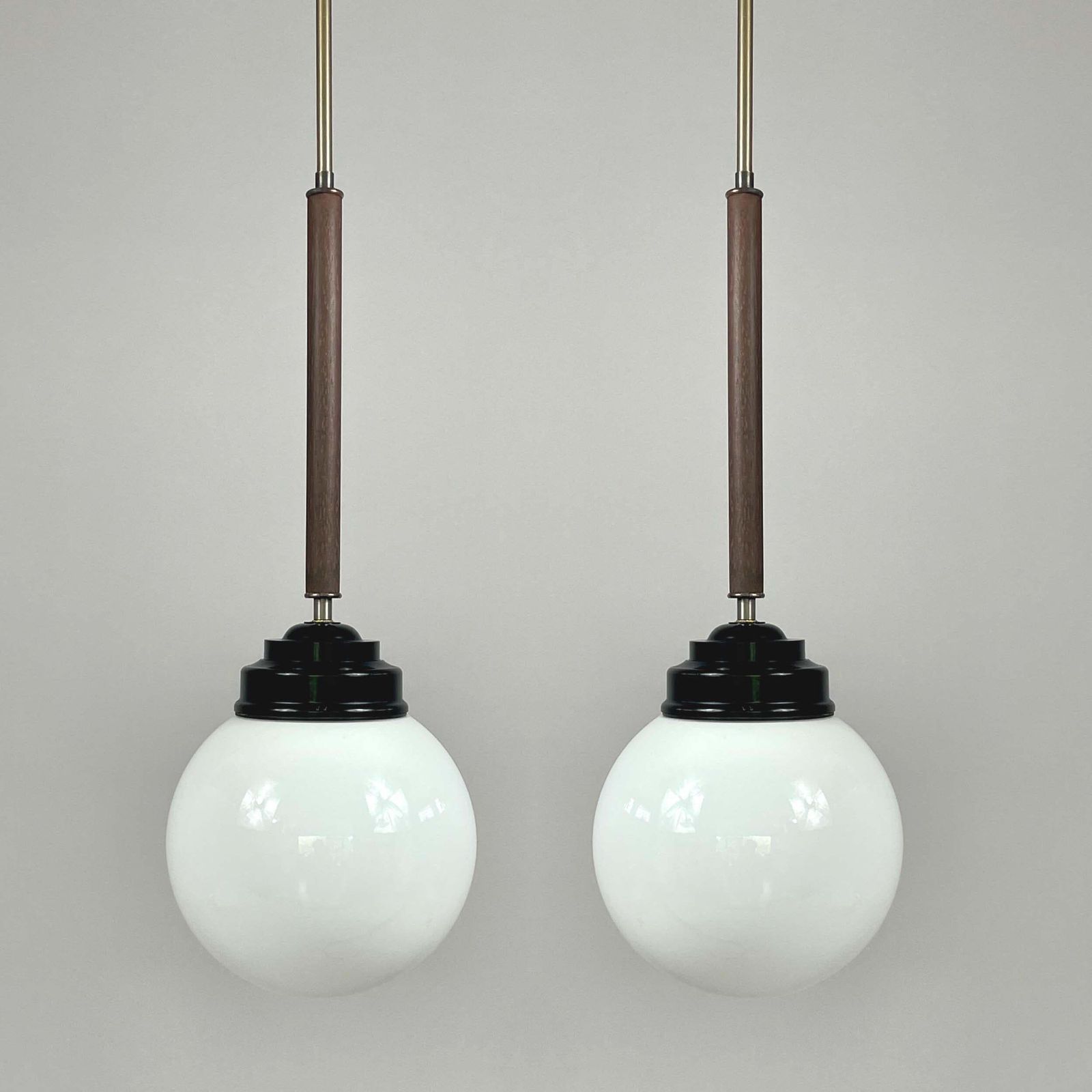 Pair Opaline Glass, Bakelite & Wood Pendants By Sieverts Kabelverk, Sweden 1940s photo buy