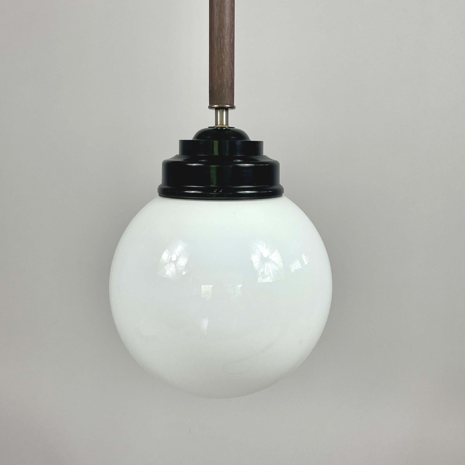 Pair Opaline Glass, Bakelite & Wood Pendants By Sieverts Kabelverk, Sweden 1940s photo vintage