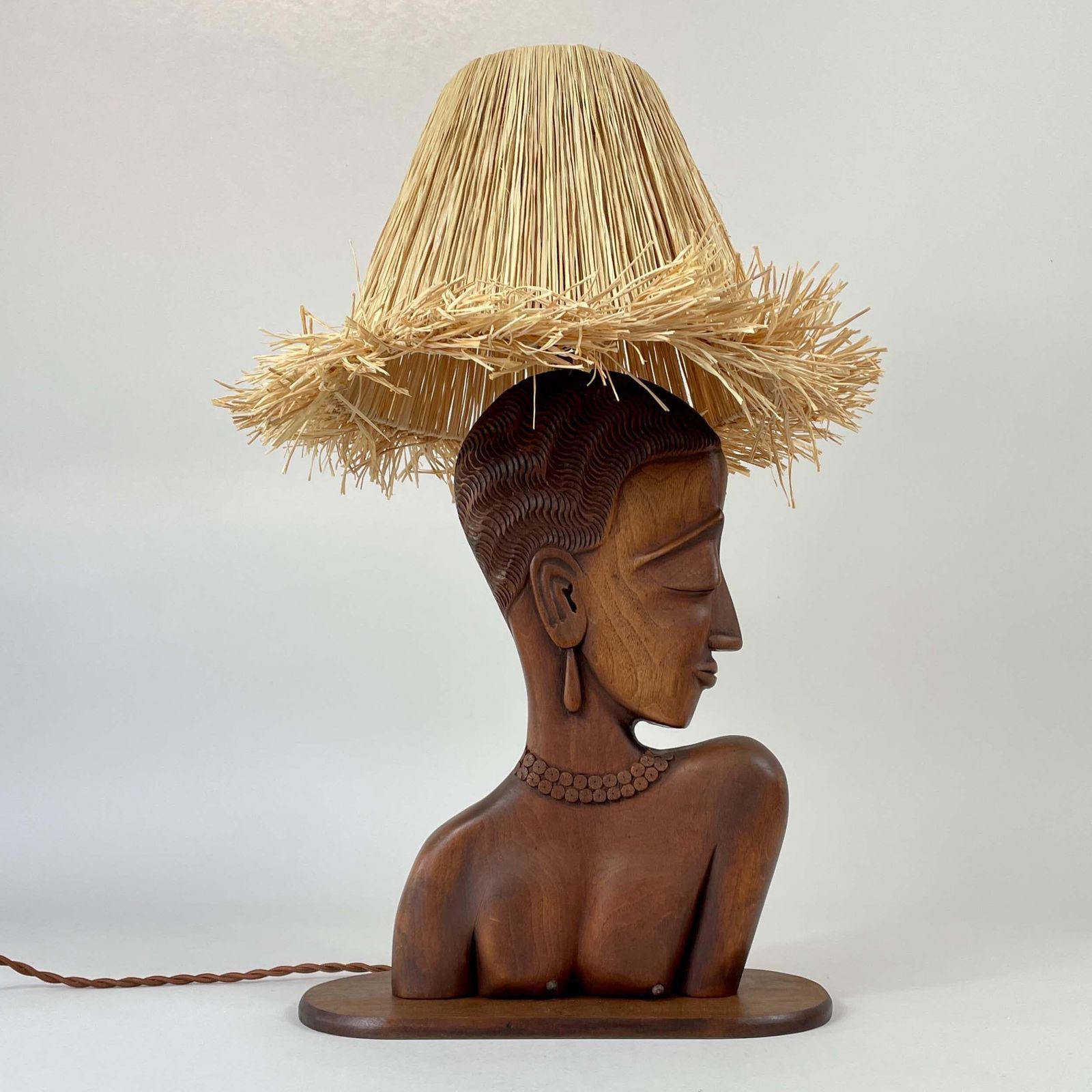 Teak Female Bust Table Lamp With Raffia Shade, France 1950s photo furniture