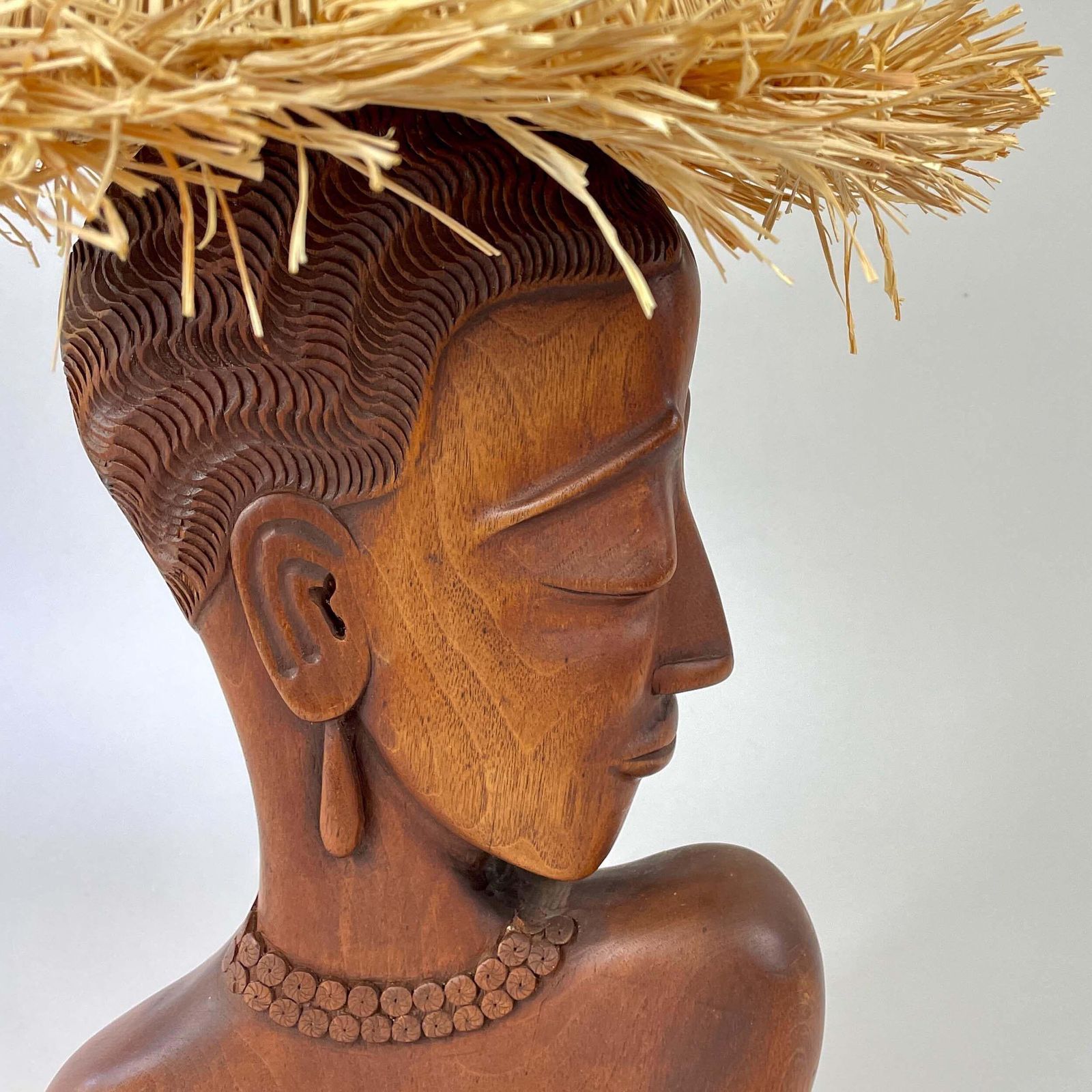 Teak Female Bust Table Lamp With Raffia Shade, France 1950s photo 807.0