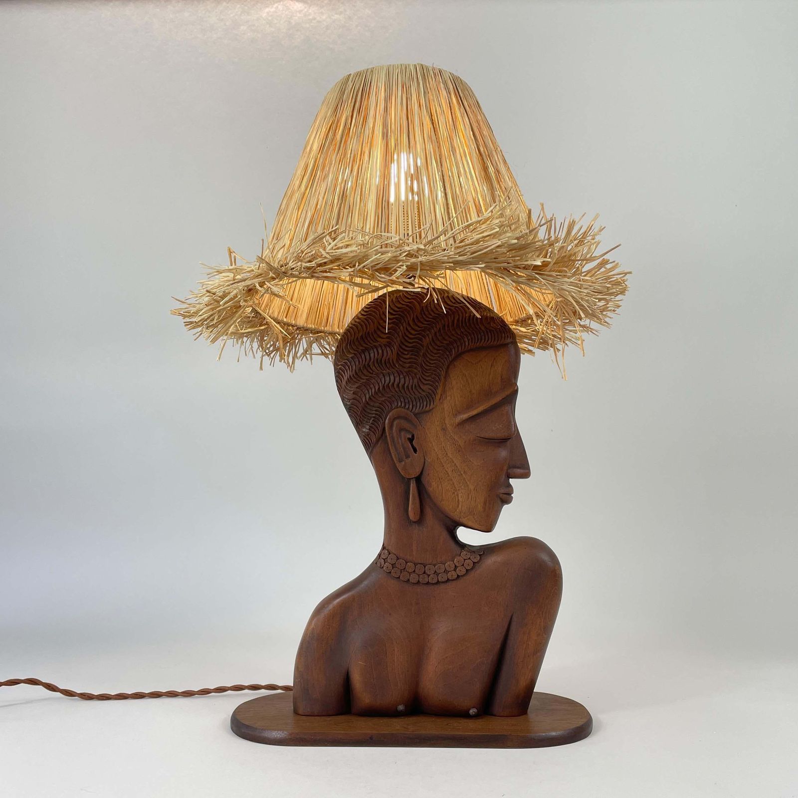 photo for sale Teak Female Bust Table Lamp With Raffia Shade, France 1950s