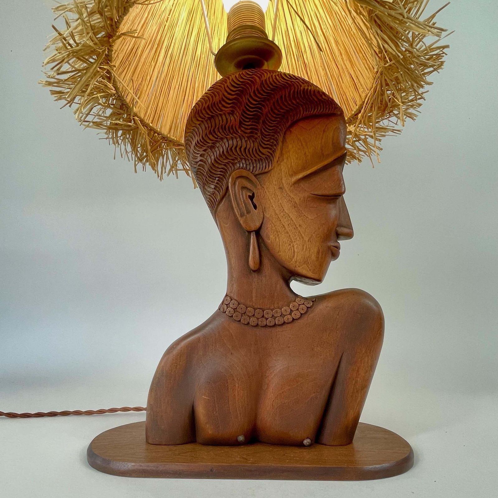 807.0 Teak Female Bust Table Lamp With Raffia Shade, France 1950s photo