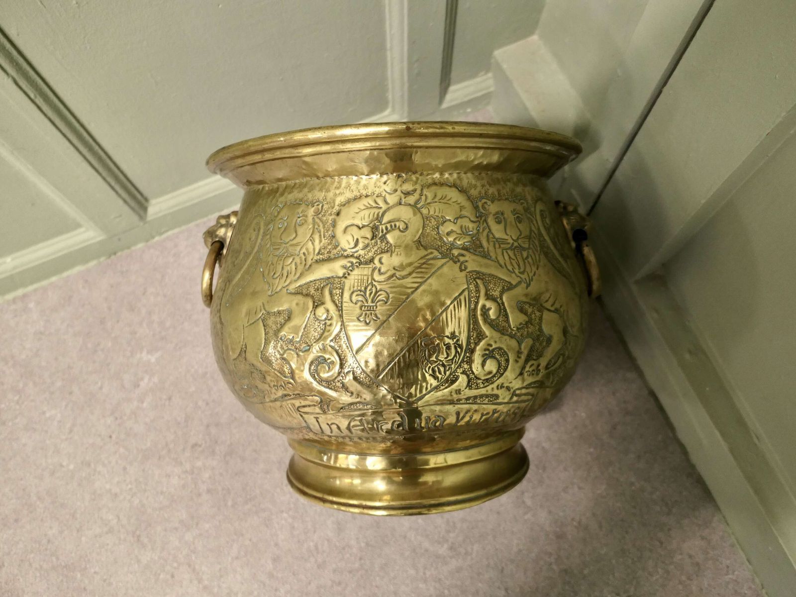 19th Century Gothic Brass Jardiniere With Shields photo furniture