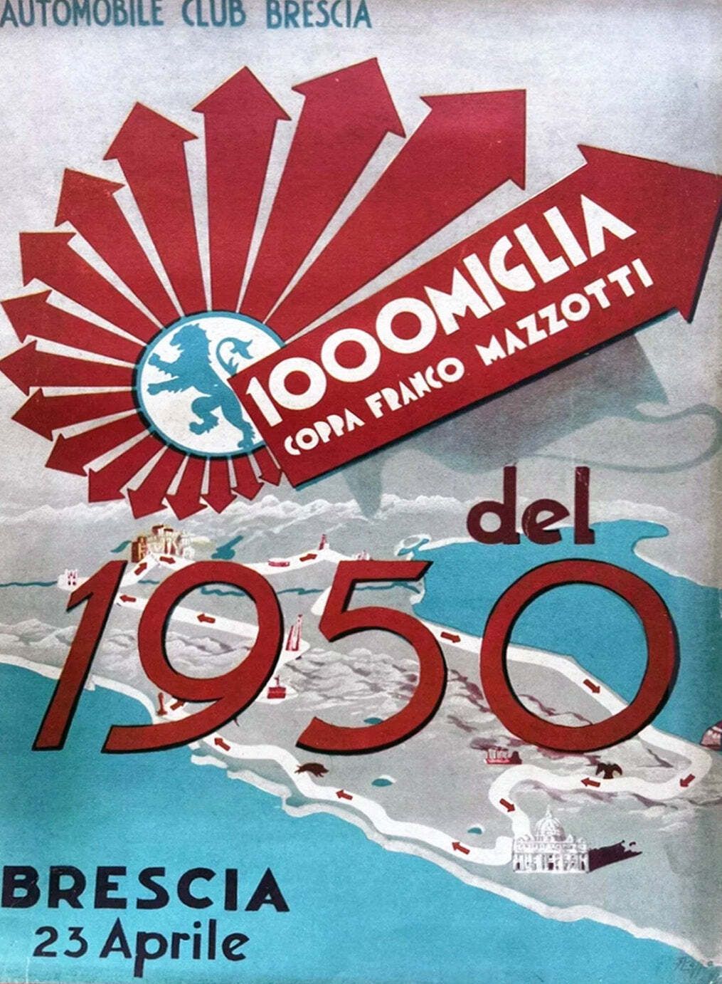 1950 Mille Miglia Race   Coppa Franco Mazzotti Original Vintage Poster