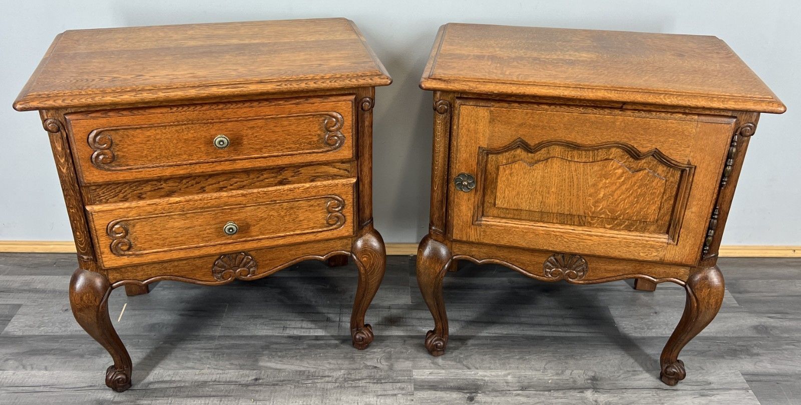 Pair Of Bedside Tables Vintage French Louis XVI Oak Carved Cabinets Lot 4406