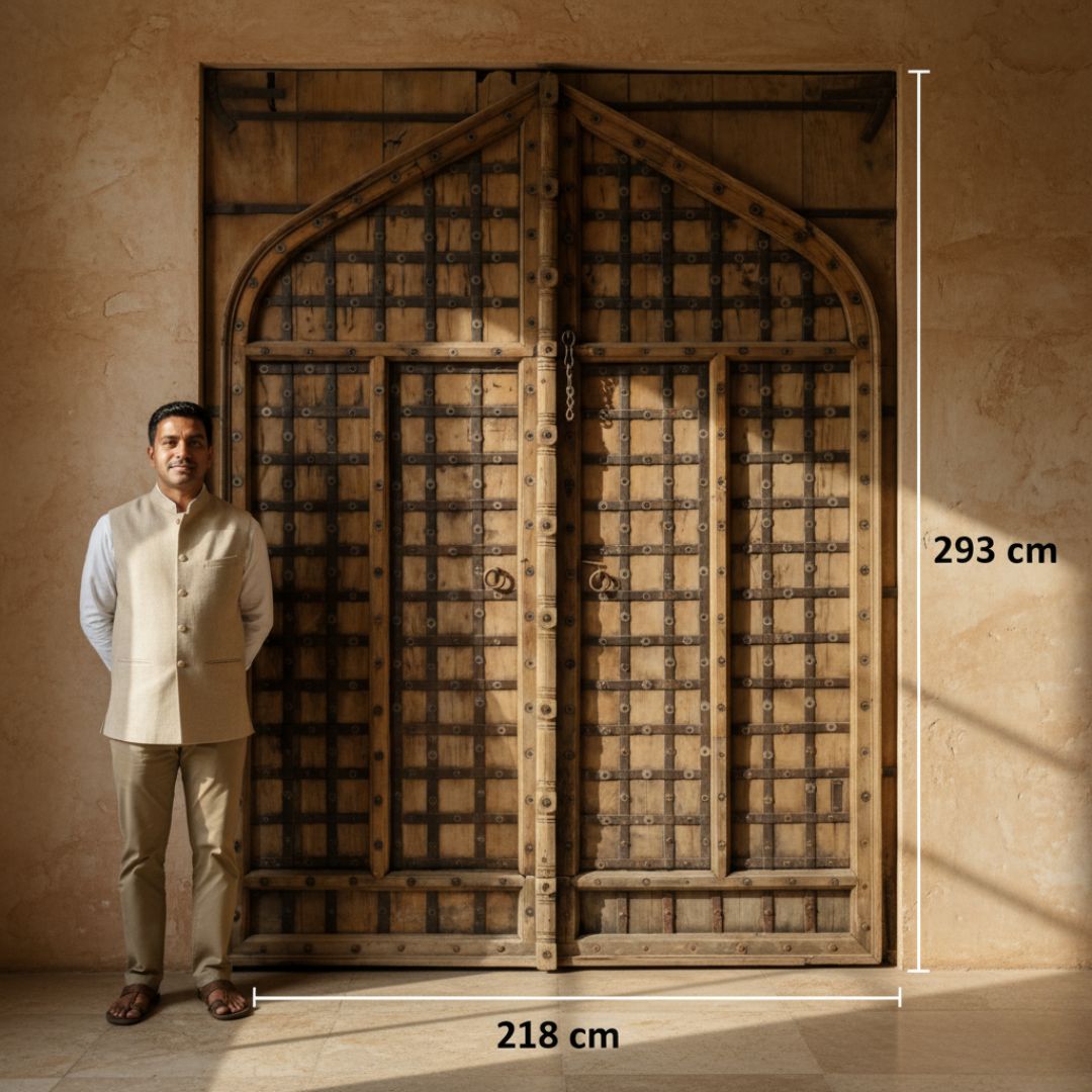 Antique Indian 18th Century Mughal Fort Door – Monumental Arched Teak Wood Entry With Hand Forged Iron Studwork | Indo Islamic Architectural Salvage photo for sale