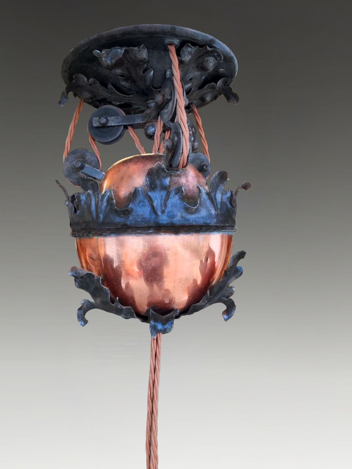 Antique Art Nouveau Lighting Chandelier Copper And Wrought Iron  Original  60cmd photo Lighting