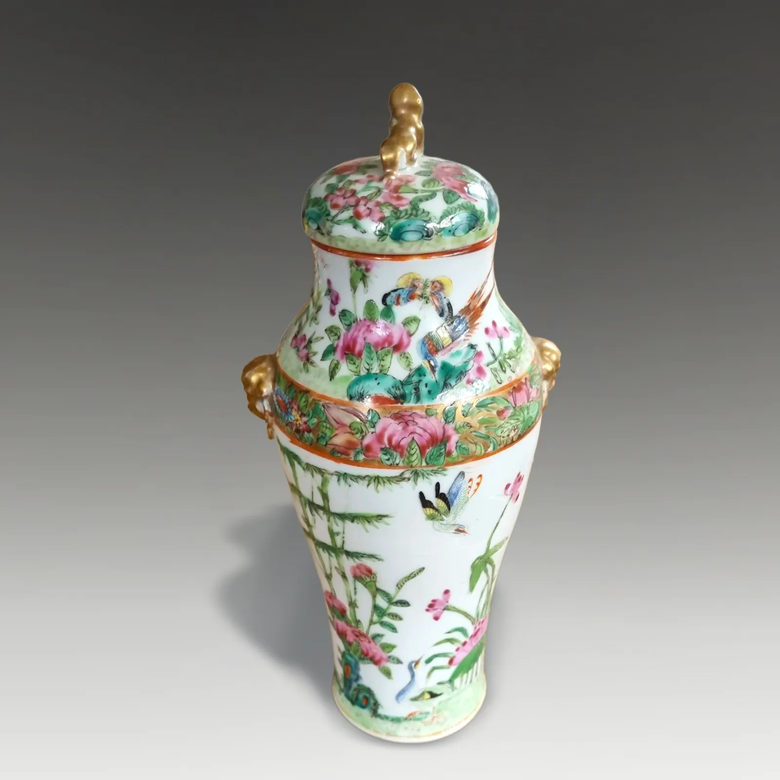 Antique Chinese  "Rose Canton" Lidded Vase With Side Handles Circa 1830 26cm  H photo furniture