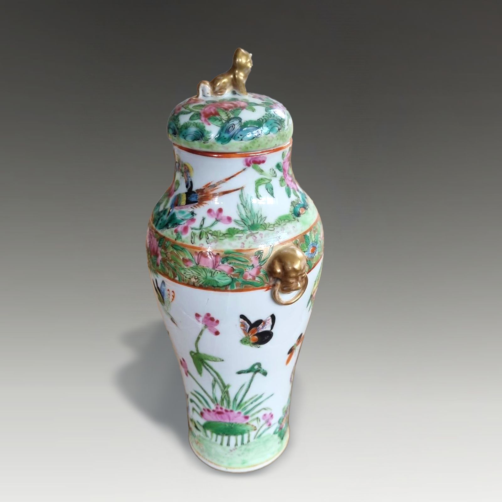 Antique Chinese  "Rose Canton" Lidded Vase With Side Handles Circa 1830 26cm  H photo Home Decor