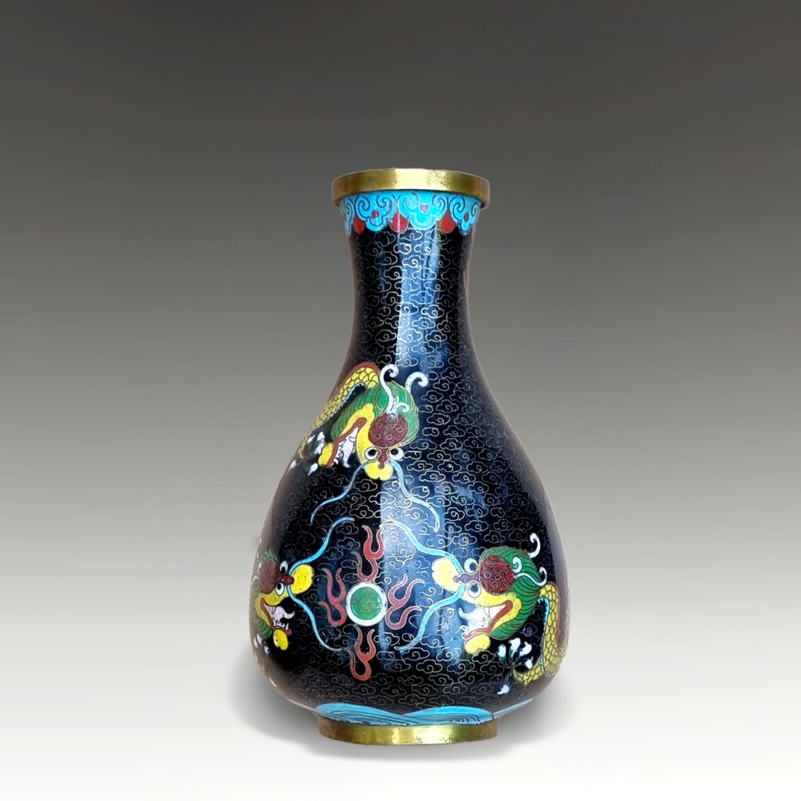 Chinese Cloisonne  Vase  Qing Dynasty Late 19thc  3 Dragons Flaming Pearl 17cm H photo furniture