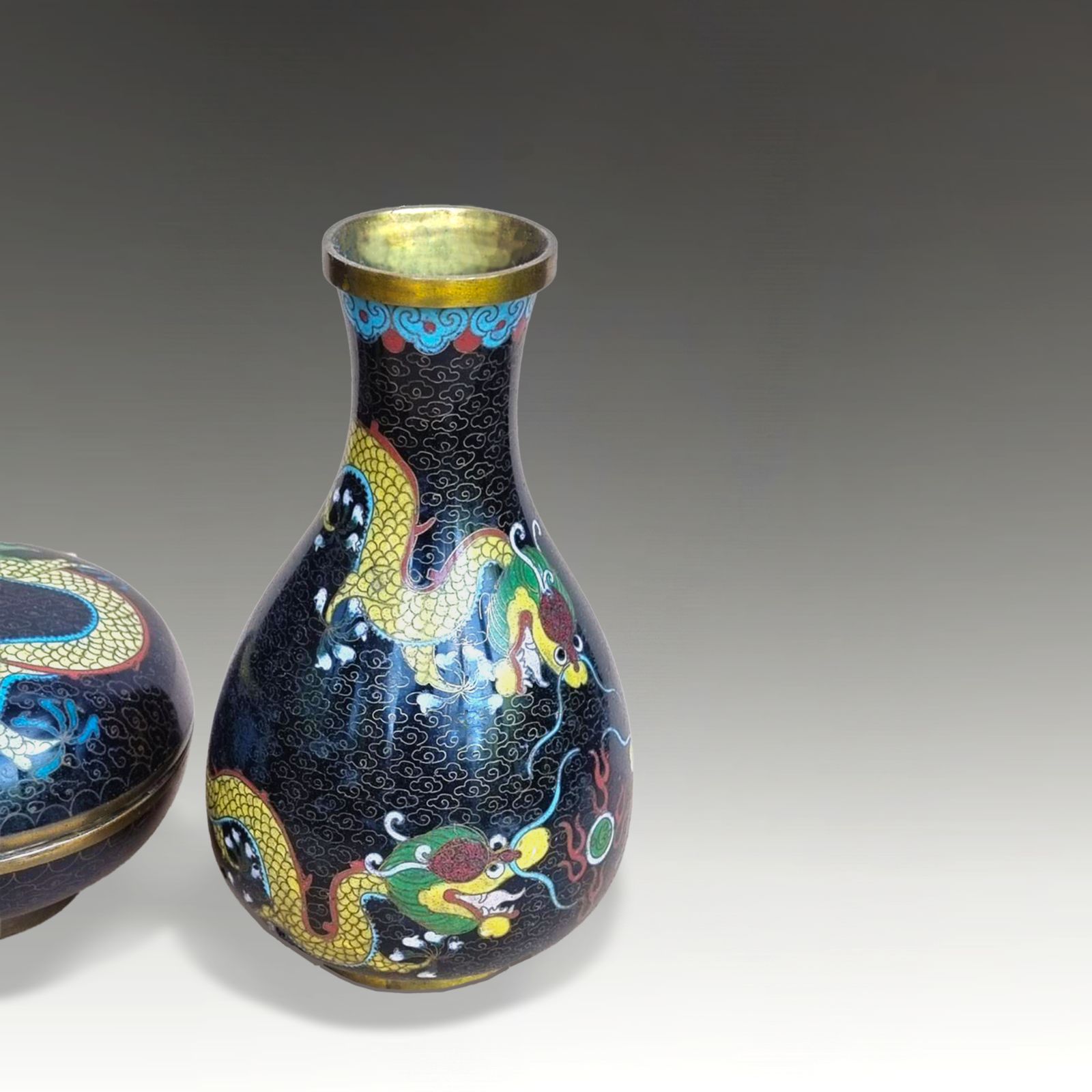 Chinese Cloisonne  Vase  Qing Dynasty Late 19thc  3 Dragons Flaming Pearl 17cm H photo for sale