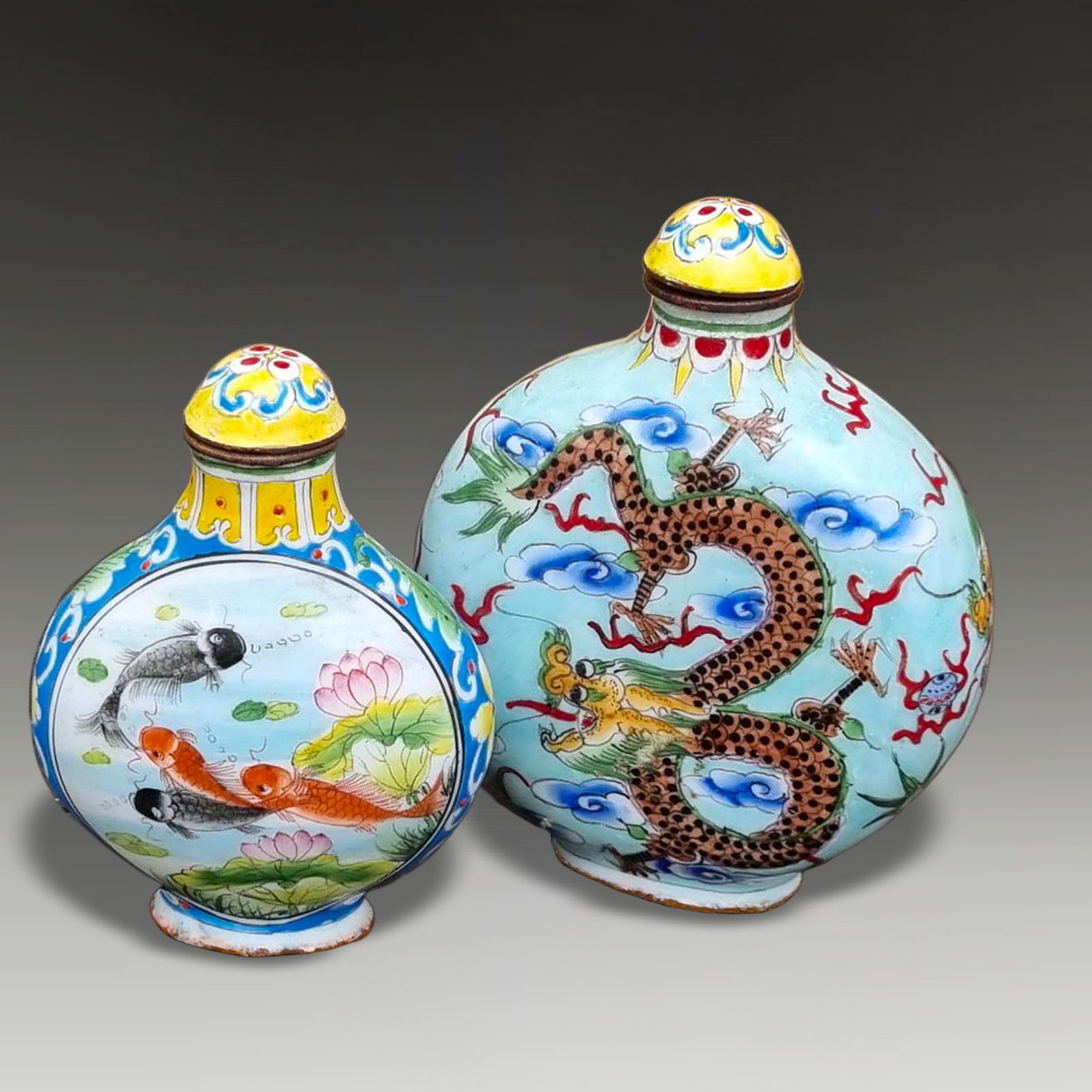 Chinese Mark & Period Qianlong Canton Enamel Snuff Bottle  Koi Carp 6.5cm High photo buy