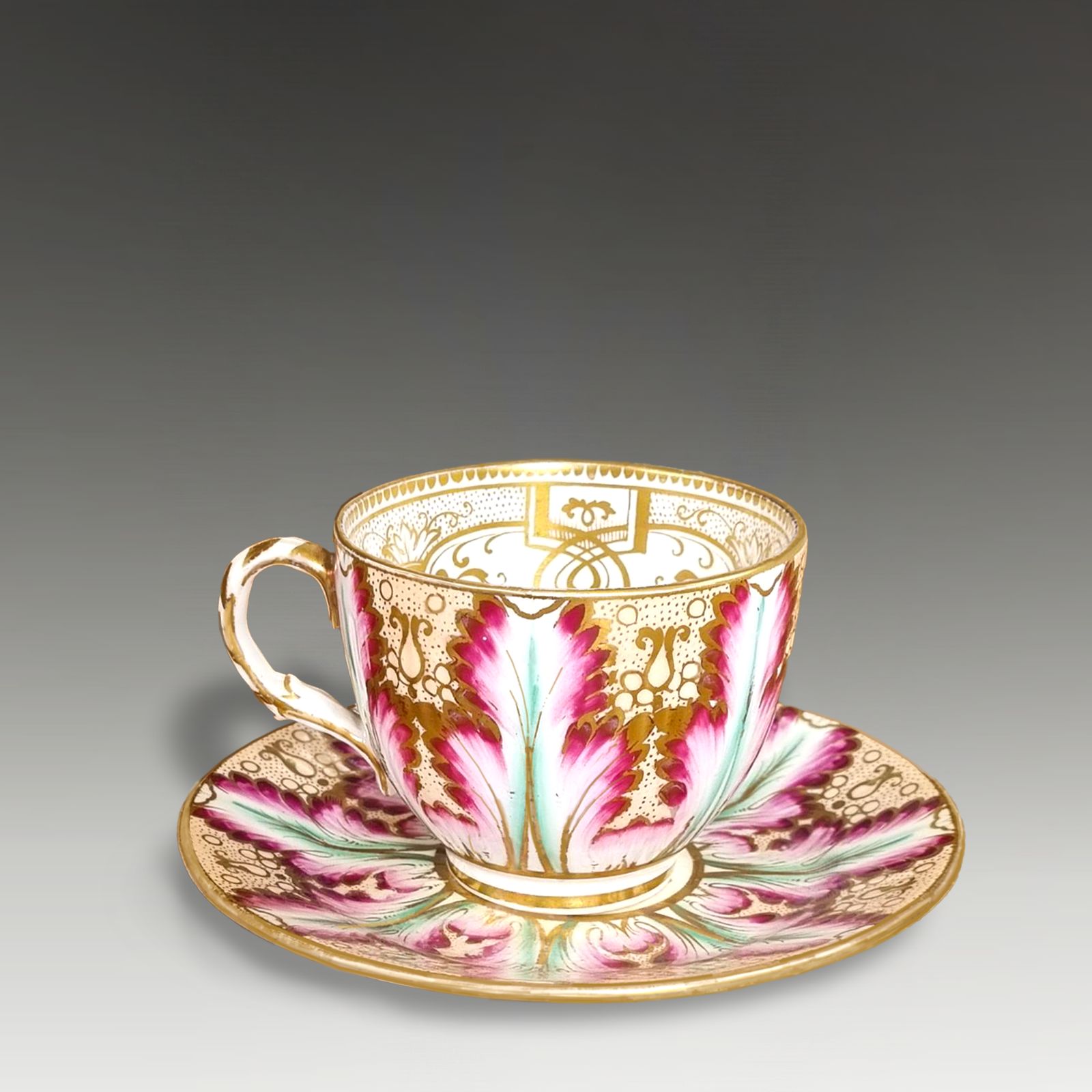 Early English Gilded Porcelain Teacup And Saucer  Coalport 1850 Superb Quality photo for sale