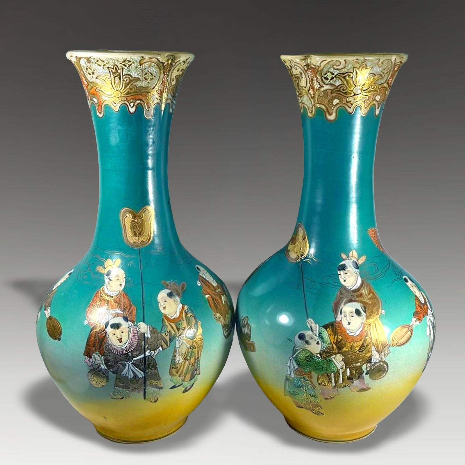 Pair Of Japanese Satsuma  Large Vases Unusual Green Background   49cm H