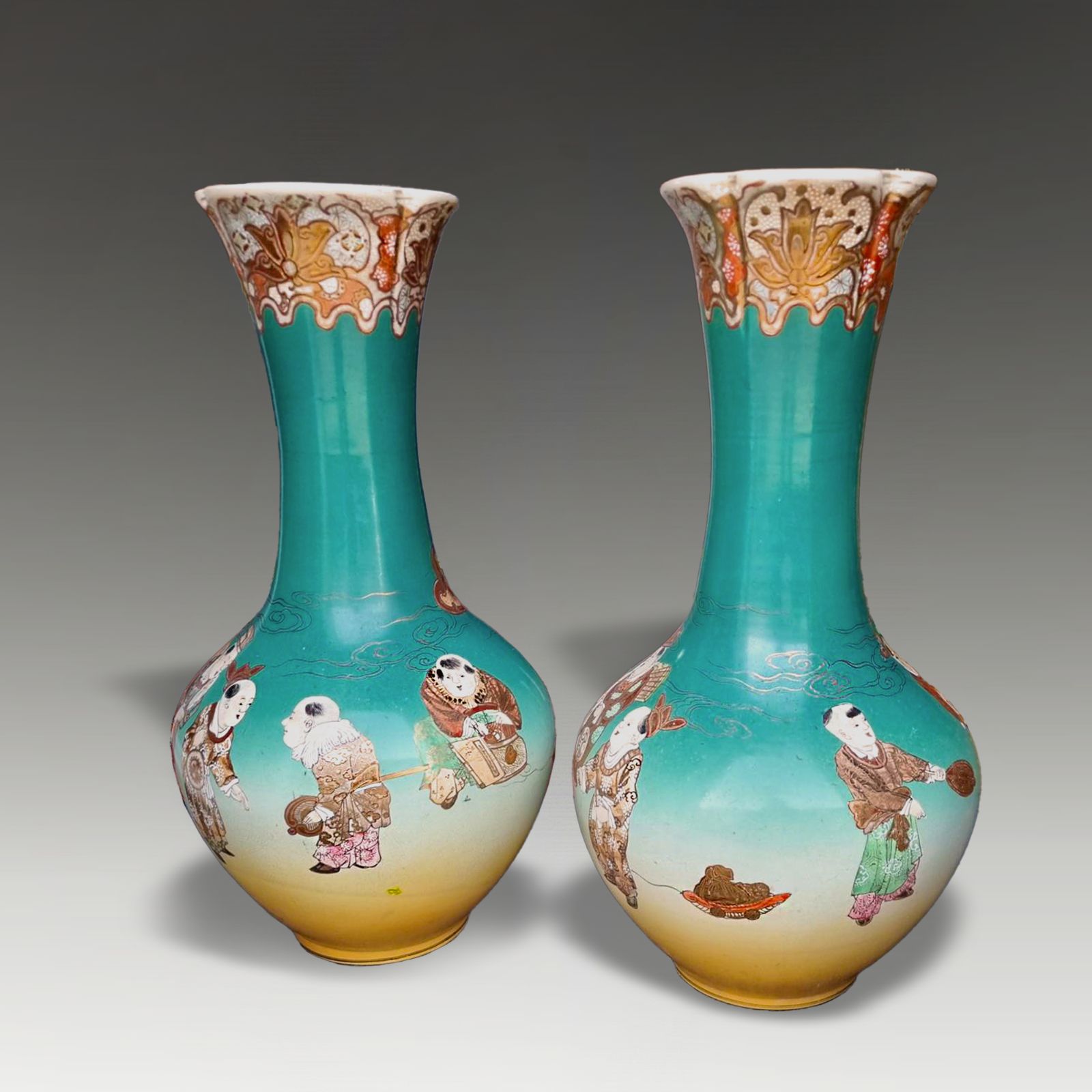 Pair Of Japanese Satsuma  Large Vases Unusual Green Background   49cm H photo furniture