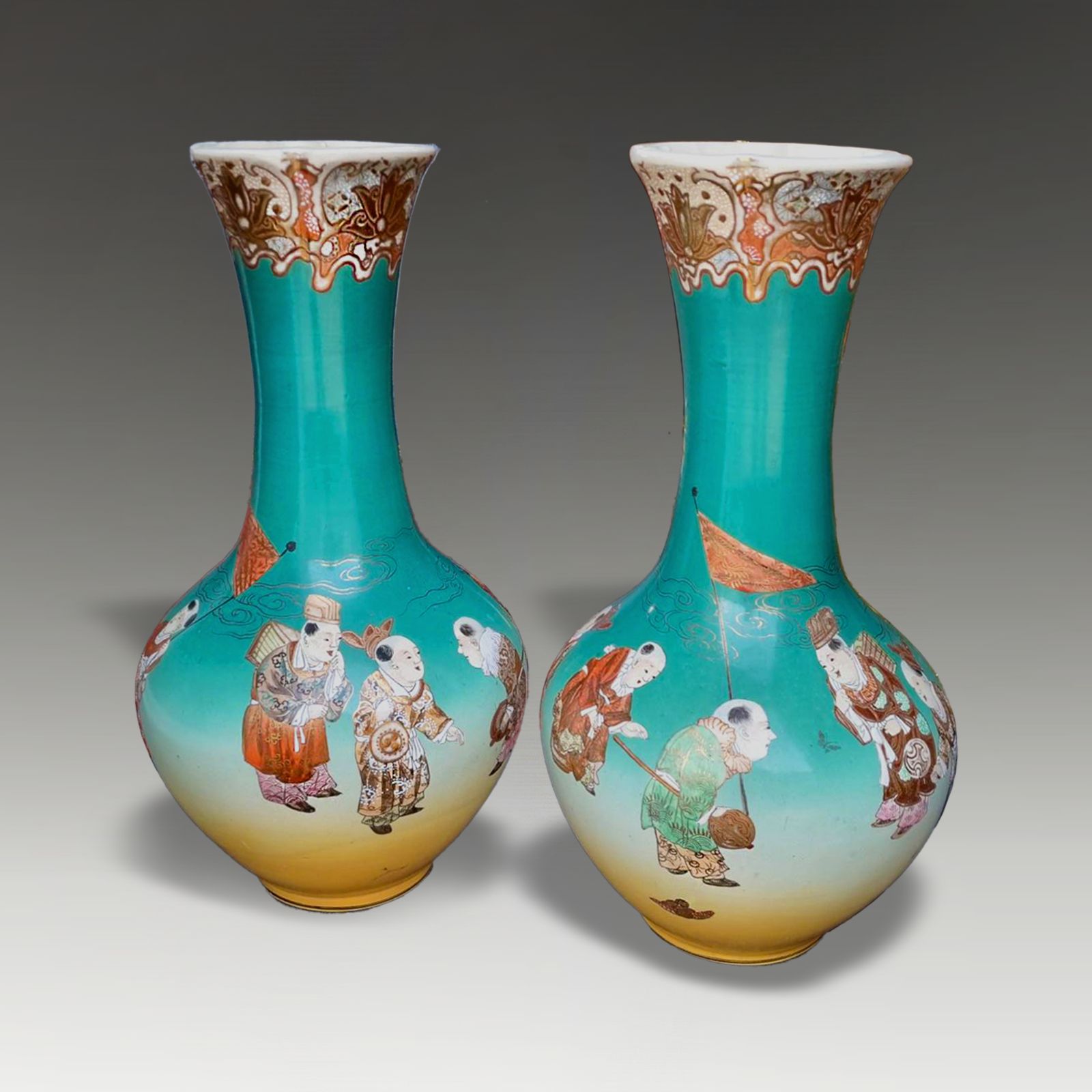 Pair Of Japanese Satsuma  Large Vases Unusual Green Background   49cm H photo for sale