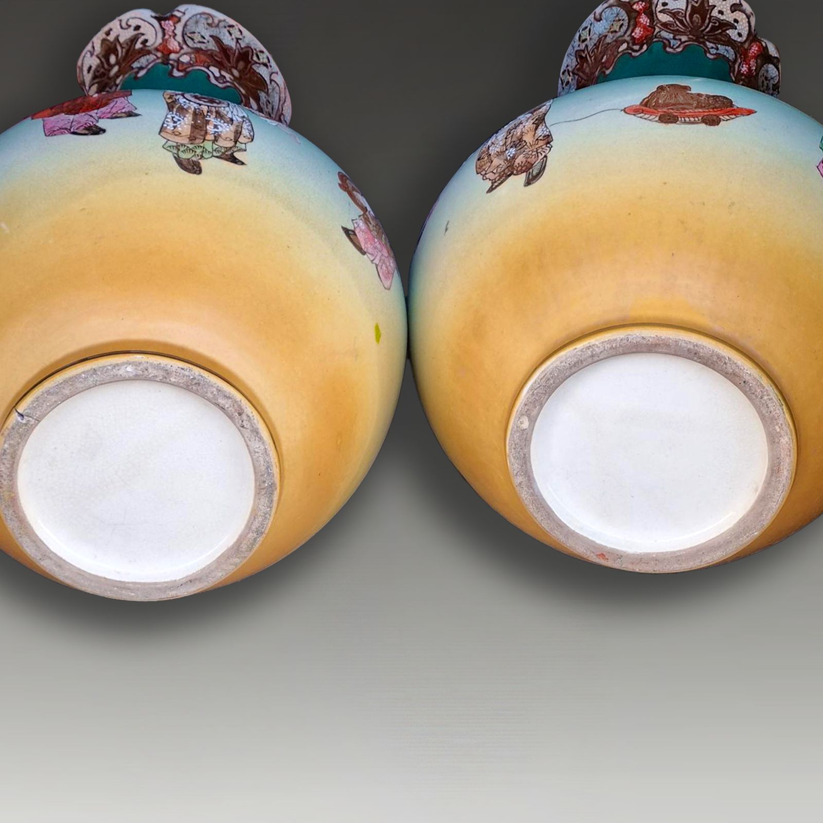Pair Of Japanese Satsuma  Large Vases Unusual Green Background   49cm H photo vinterior