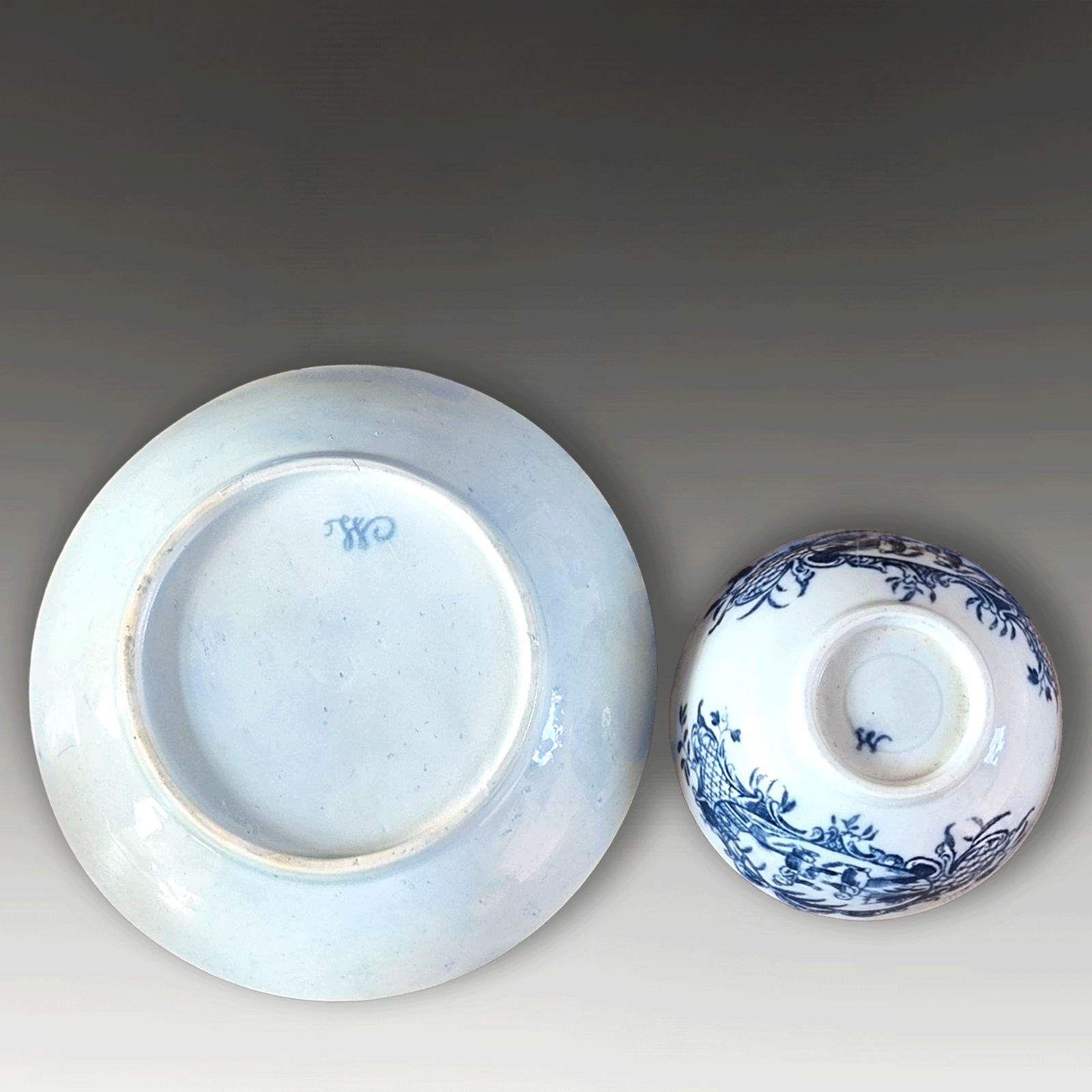 1st Period DR Wall Worcester "Mother & Child" Tea Bowl & Saucer C1760  Rare Mark photo 225.0