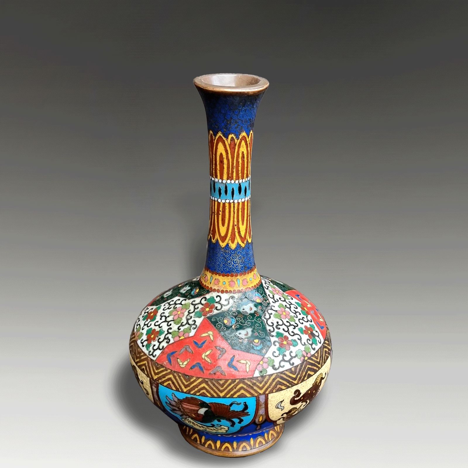 Japanese Cloisonne Vase  Meiji 19thc  Vibrant Design & Colours  Superb 19cm H photo for sale