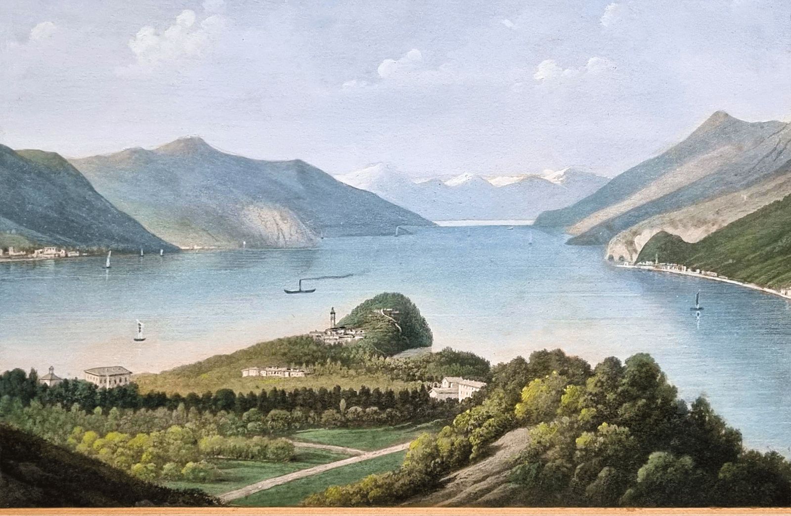 "Grand Tour" Gouache Painting "Lago Como" Italy Circa 1800. Superb 60cm W photo for sale
