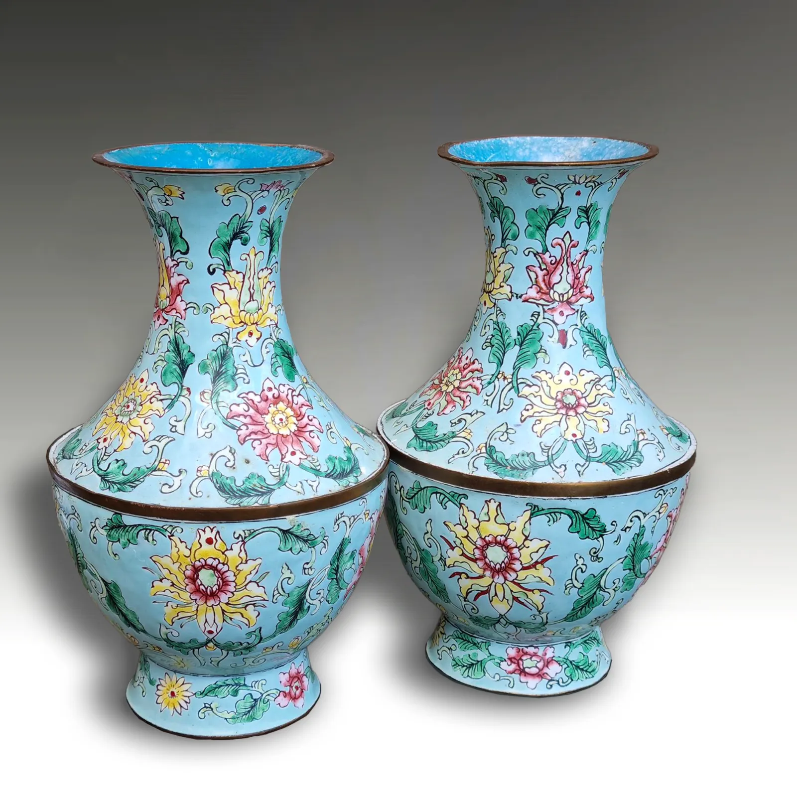 Chinese Antique Canton Enamel Pair Of Vases  Qing Dynasty 19th C  Superb  21cm