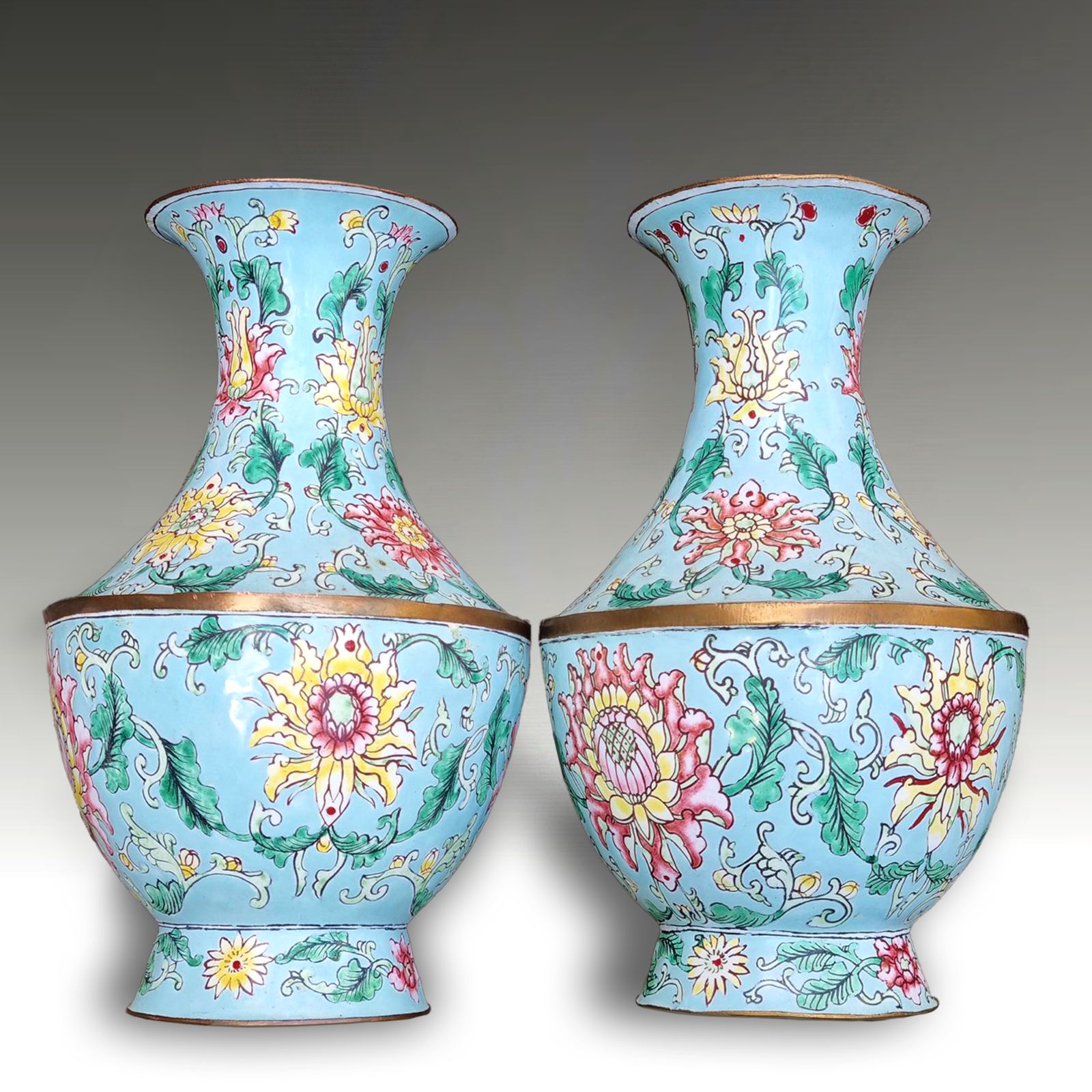 Chinese Antique Canton Enamel Pair Of Vases  Qing Dynasty 19th C  Superb  21cm photo for sale