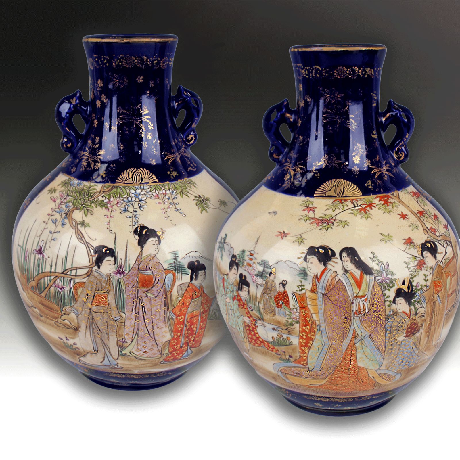 Kyo Satsuma Vases By Kusube. Superb Quality  Meiji Period  Gosu Blue And Gilding
