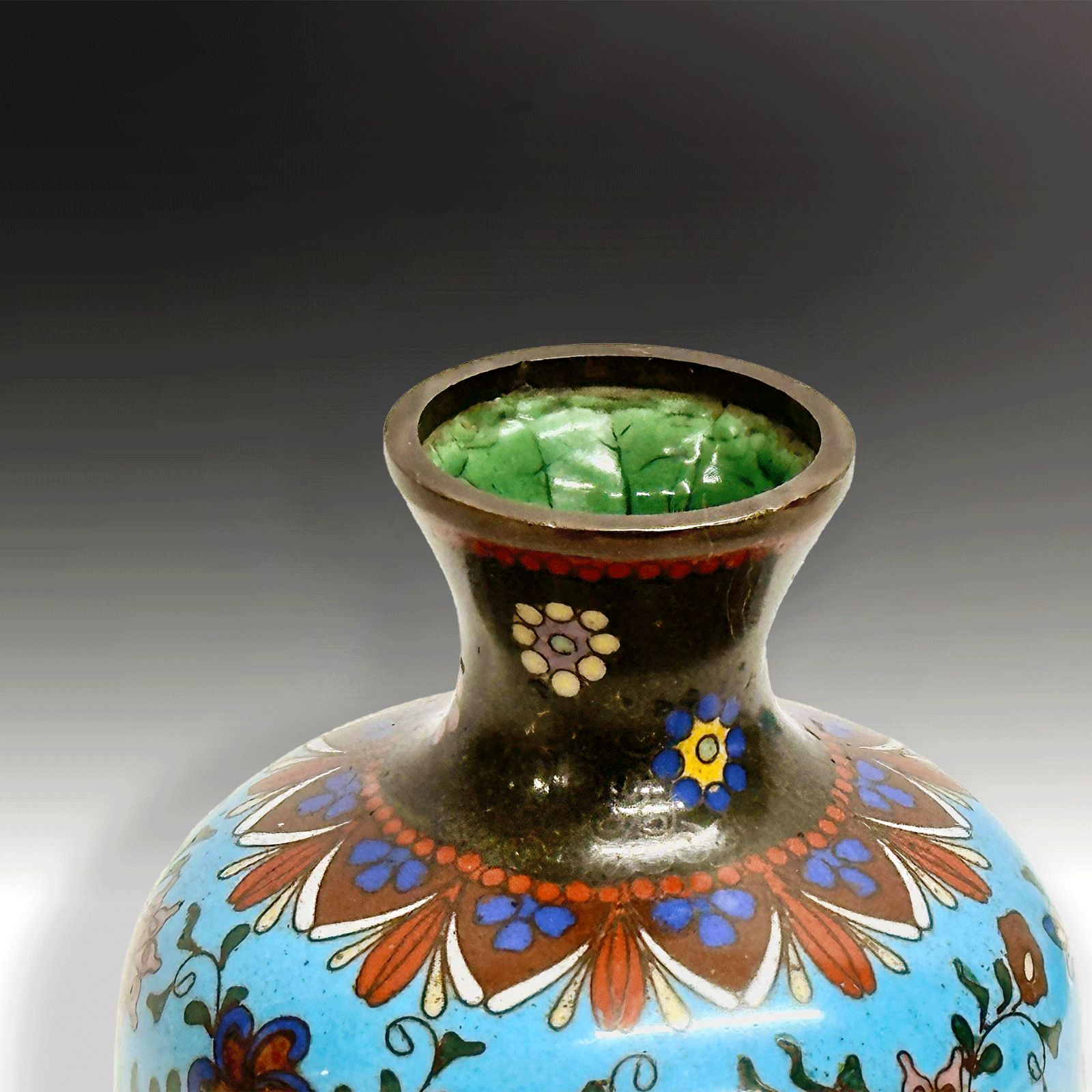 Japanese Cloisonne Vase  Meiji Period  Turquoise Blue Ground  Superb  15cm Tall photo for sale