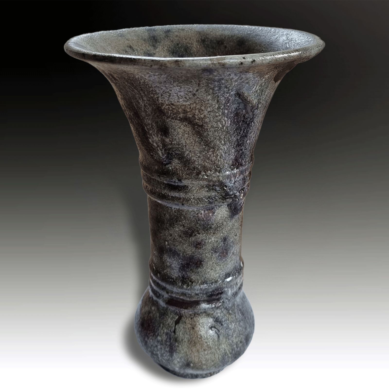 Song Dynasty (960  1279)  Gu Form Vase Black Pottery  Celadon & Iron Glaze  7"