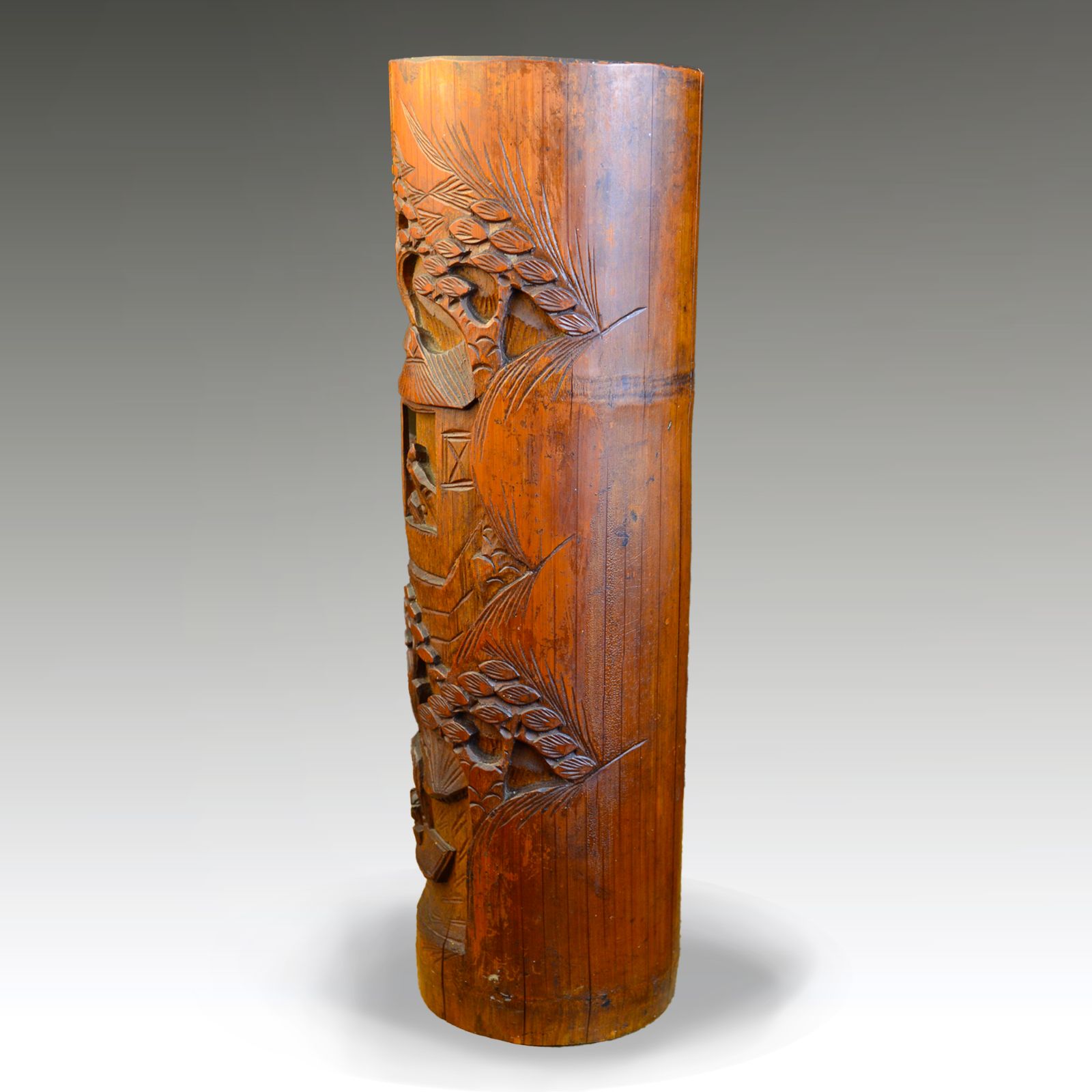 Chinese Carved Bamboo Incense Pot Qing Dynasty  19th Century  Good Colour 36cm H photo for sale