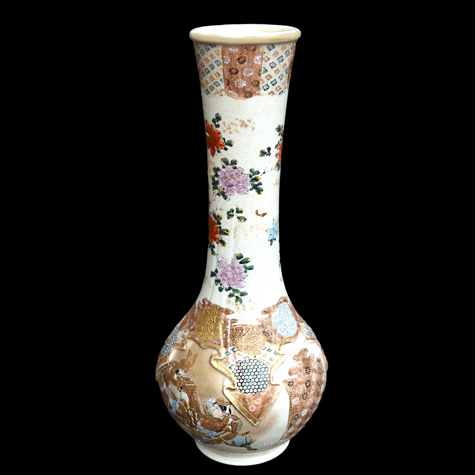Antique Japanese Satsuma Tall Vase  Unusual Design  Meiji  Kyo Satsuma 41cm H