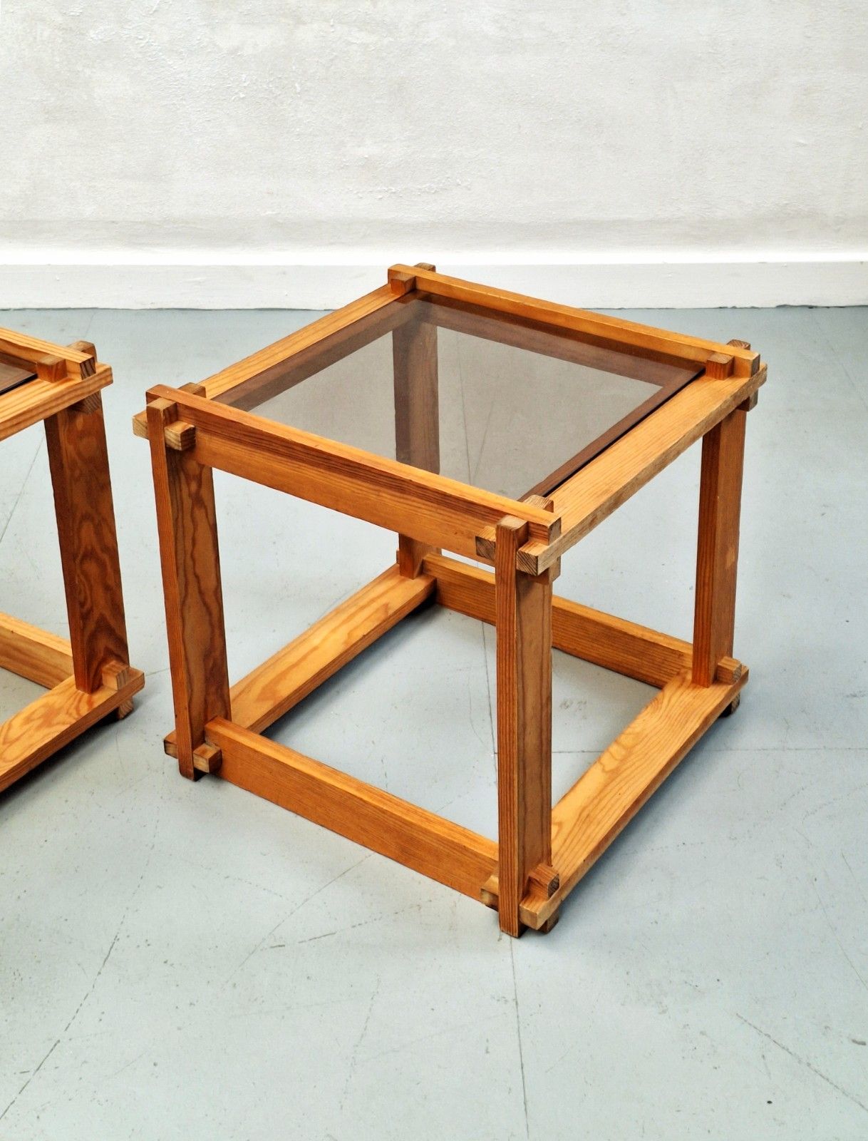 photo for sale Pair Of Vintage Pine Cubes With Smoked Glass Tops 70s