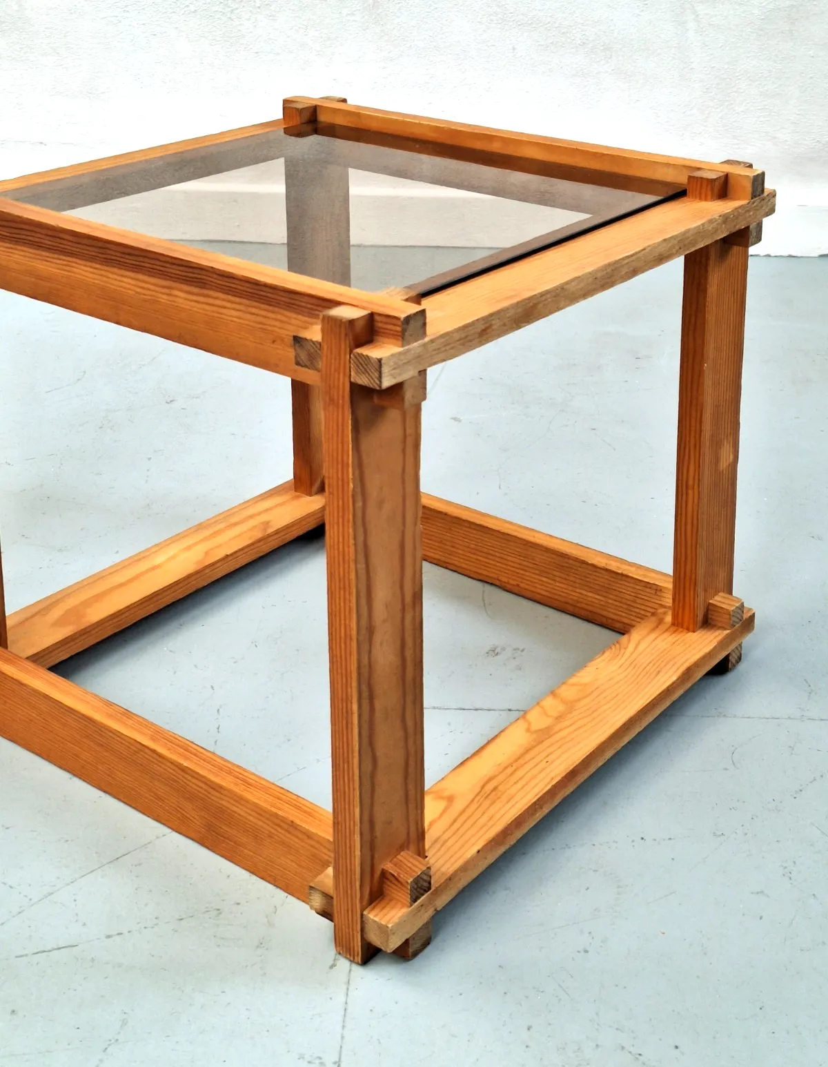 Furniture Pair Of Vintage Pine Cubes With Smoked Glass Tops 70s photo