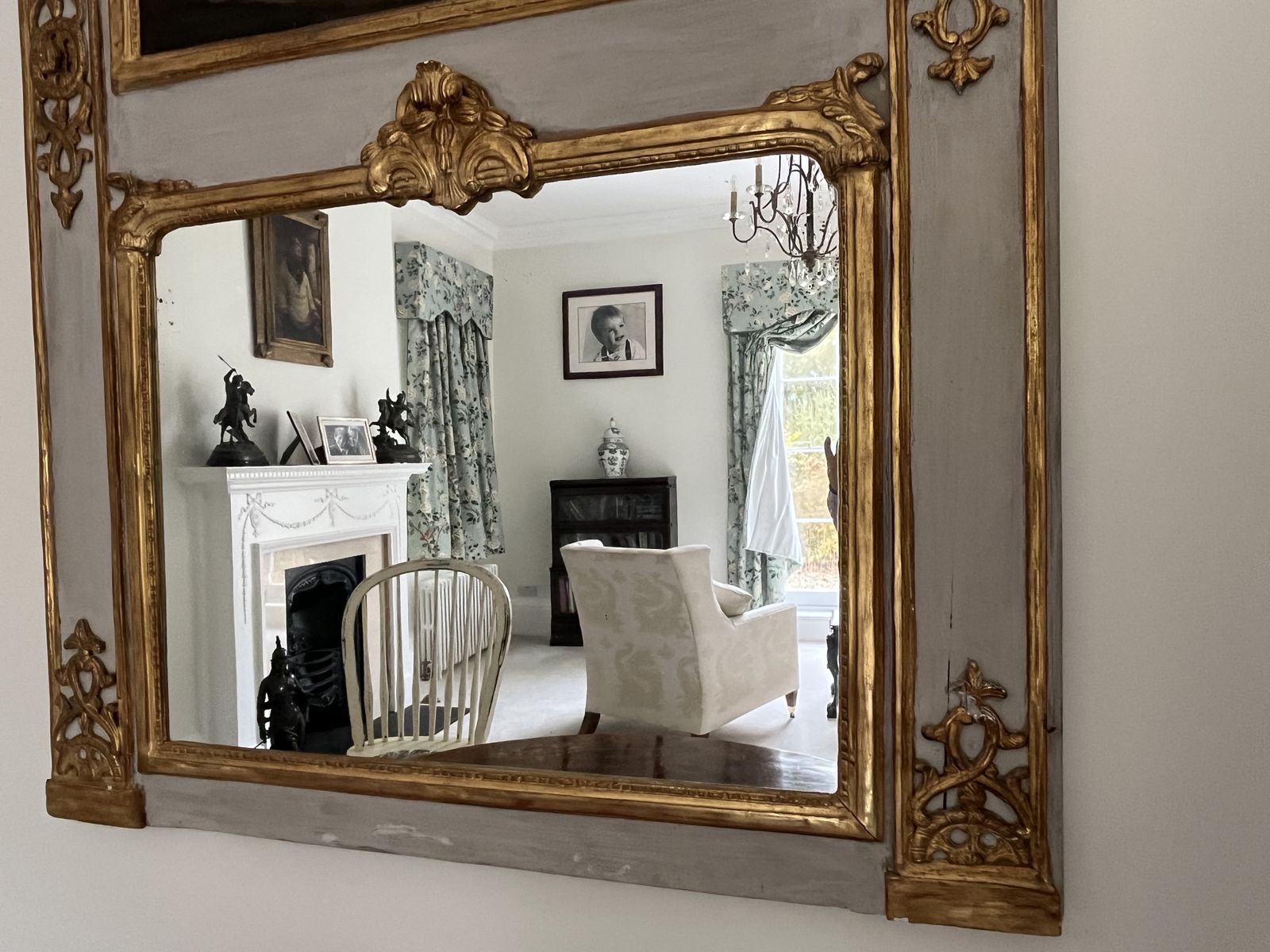 Pair Exquisite Large Trumeau Grey And Gilt Wall Mirrors With Oil Paintings Of Pastoral Scenes photo buy