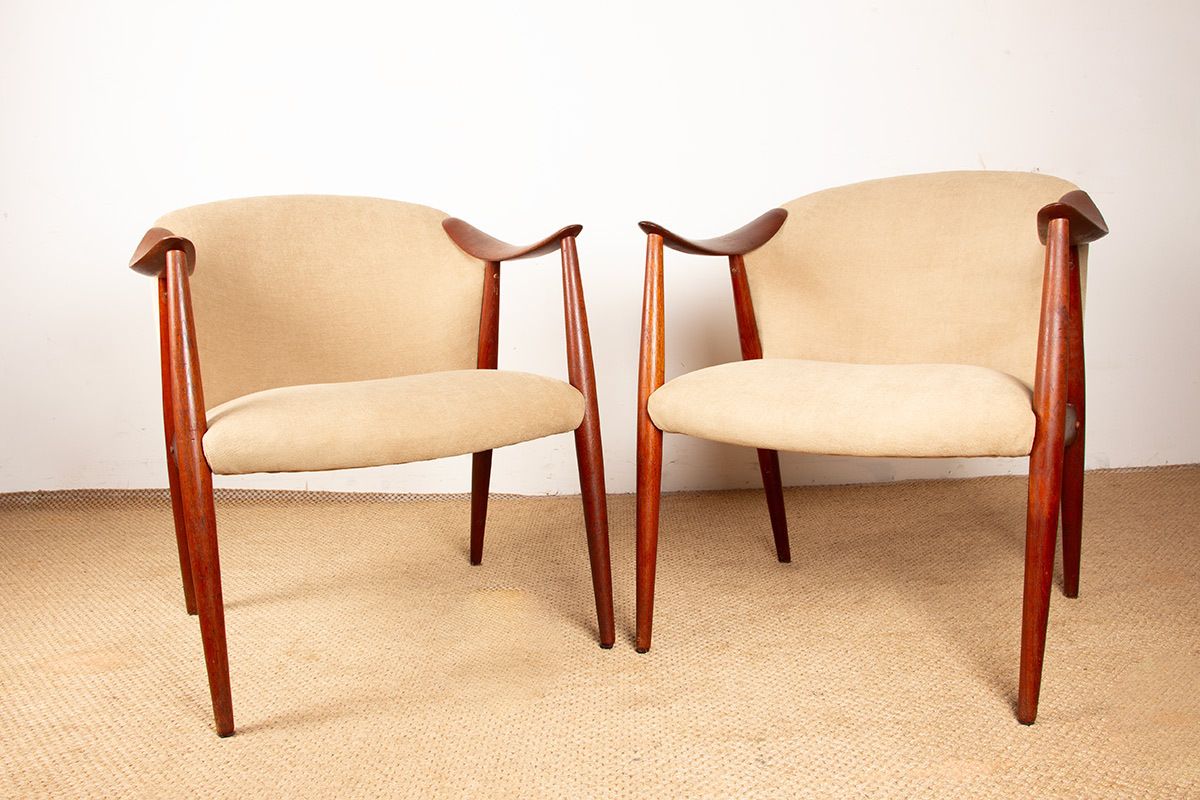 photo vinterior Paire de fauteuils scandinaves en teck et tissu, modèle New Tyrol par Gerhard Berg pour Westnofa, 1960.