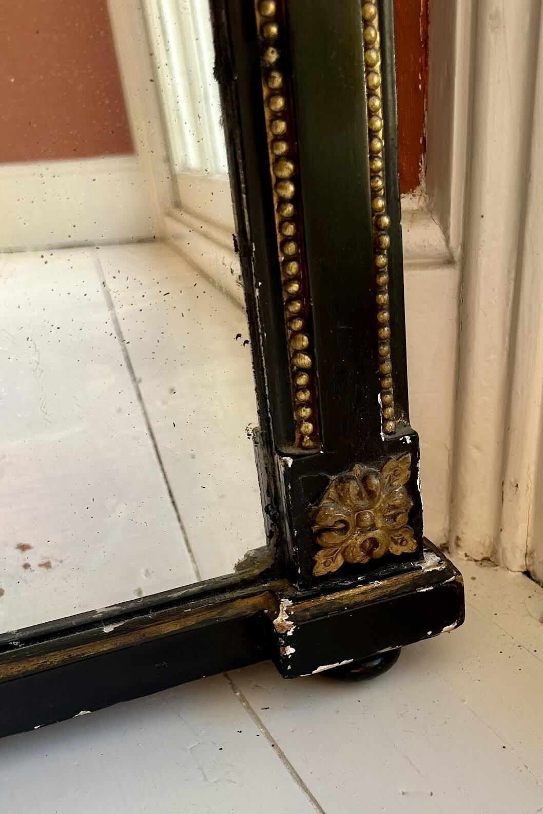 Antique French Distressed Black And Gold Overmantel Mirror photo vinterior