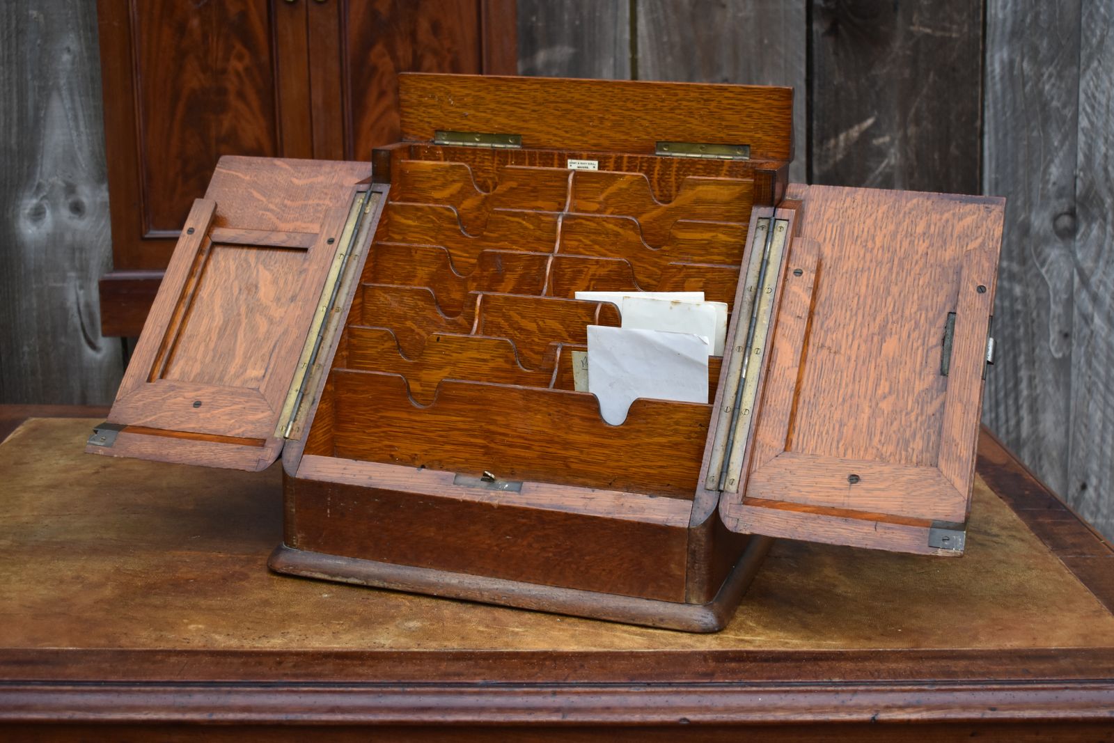 photo furniture Antique Army & Navy English Oak Campaign Field Travelling Stationery Cabinet