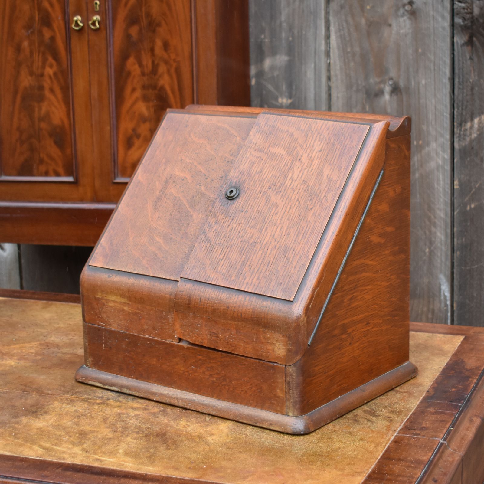295.0 Antique Army & Navy English Oak Campaign Field Travelling Stationery Cabinet photo