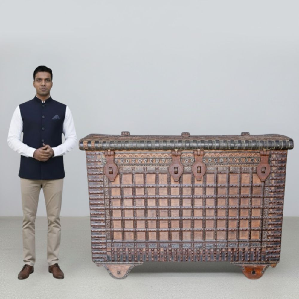 Antique Damchiya Bridal Dowry Chest With Four Distinct Iron Locks, Circa 1890 photo Furniture