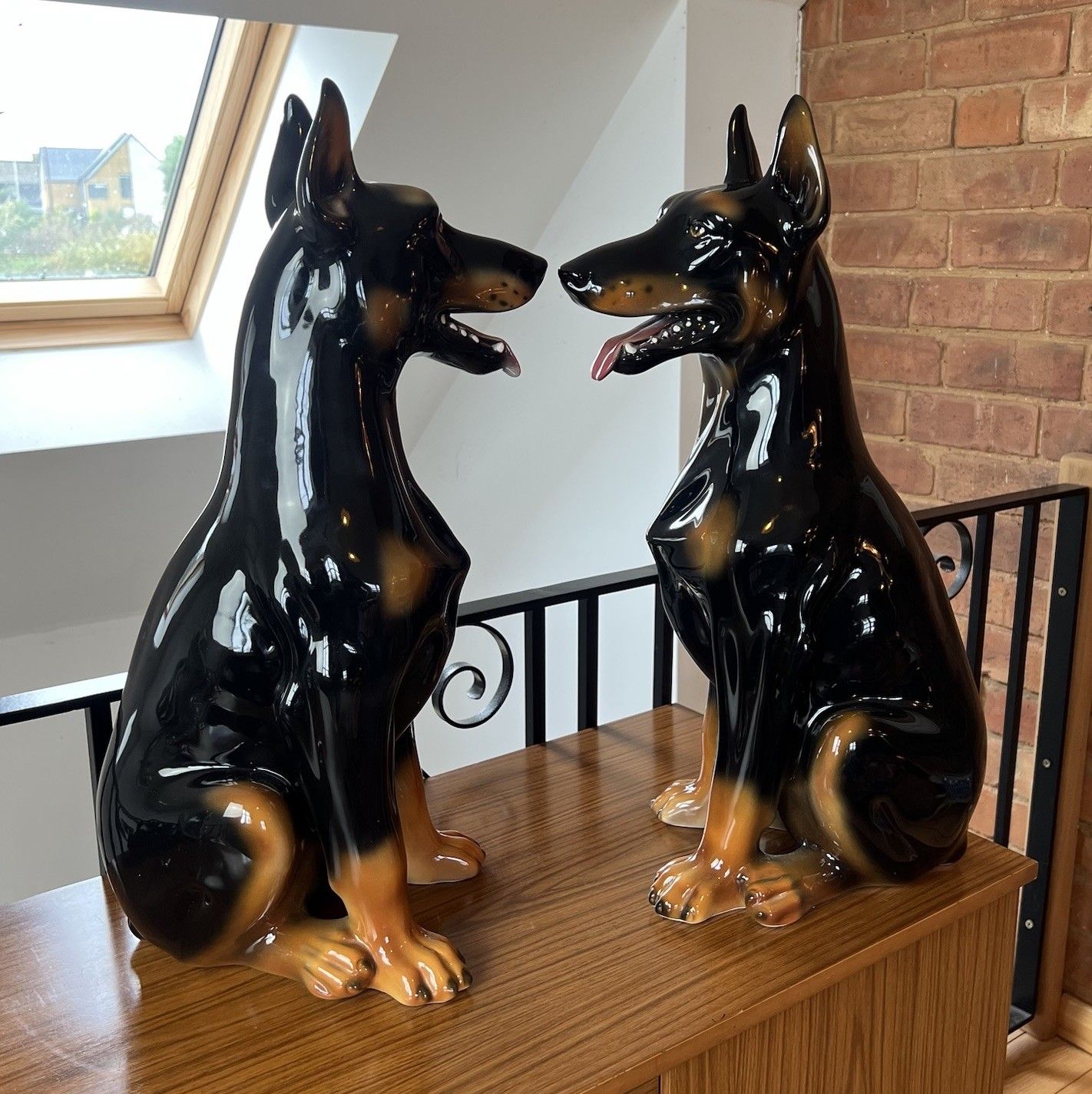 Pair Of Boxer Ceramiche Seated Doberman Dogs Ceramic Figures Statues Italian photo for sale
