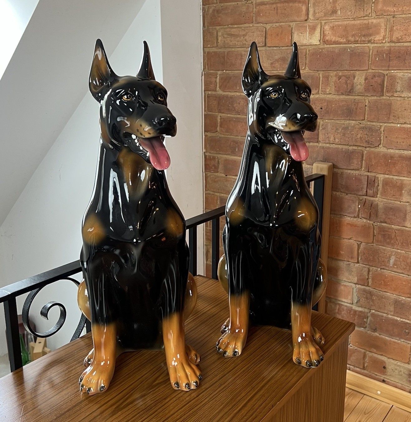Pair Of Boxer Ceramiche Seated Doberman Dogs Ceramic Figures Statues Italian photo vintage