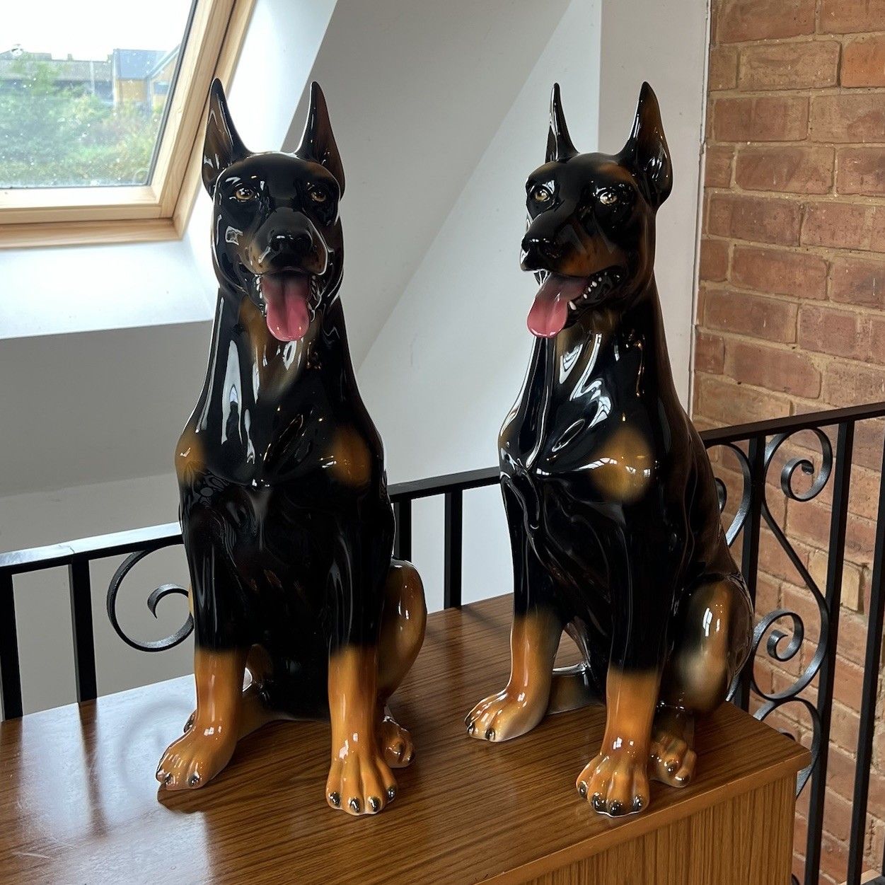 photo furniture Pair Of Boxer Ceramiche Seated Doberman Dogs Ceramic Figures Statues Italian