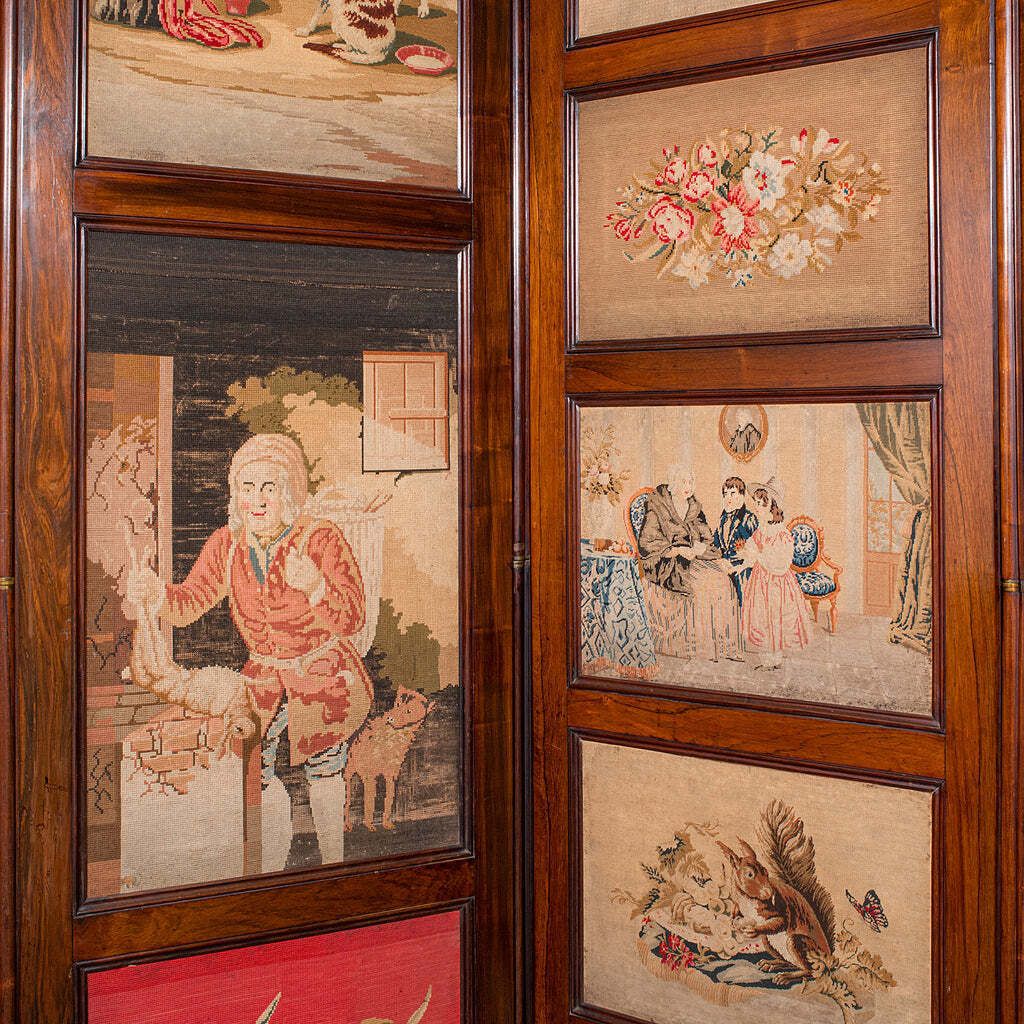 Large Antique 4 Panel Privacy Screen, English Room Divider, Needlepoint, Regency photo vintage