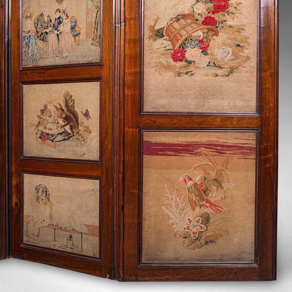photo furniture Large Antique 4 Panel Privacy Screen, English Room Divider, Needlepoint, Regency