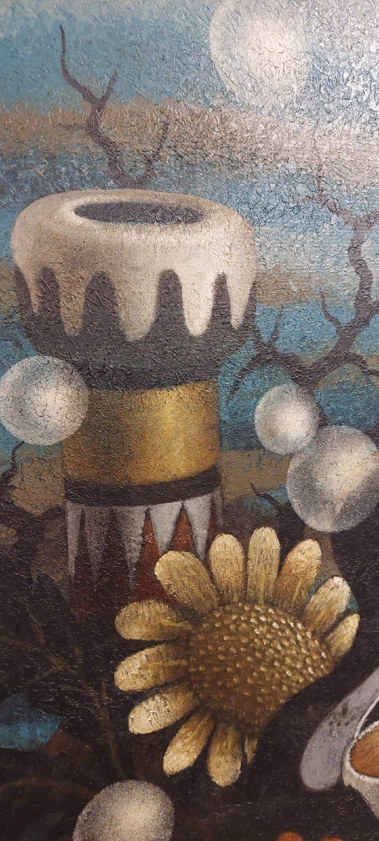 476.0 Large Surrealist Oil Painting On Canvas By The Painter Gianfranco Rontani. Size 118 X 97 Cm. photo