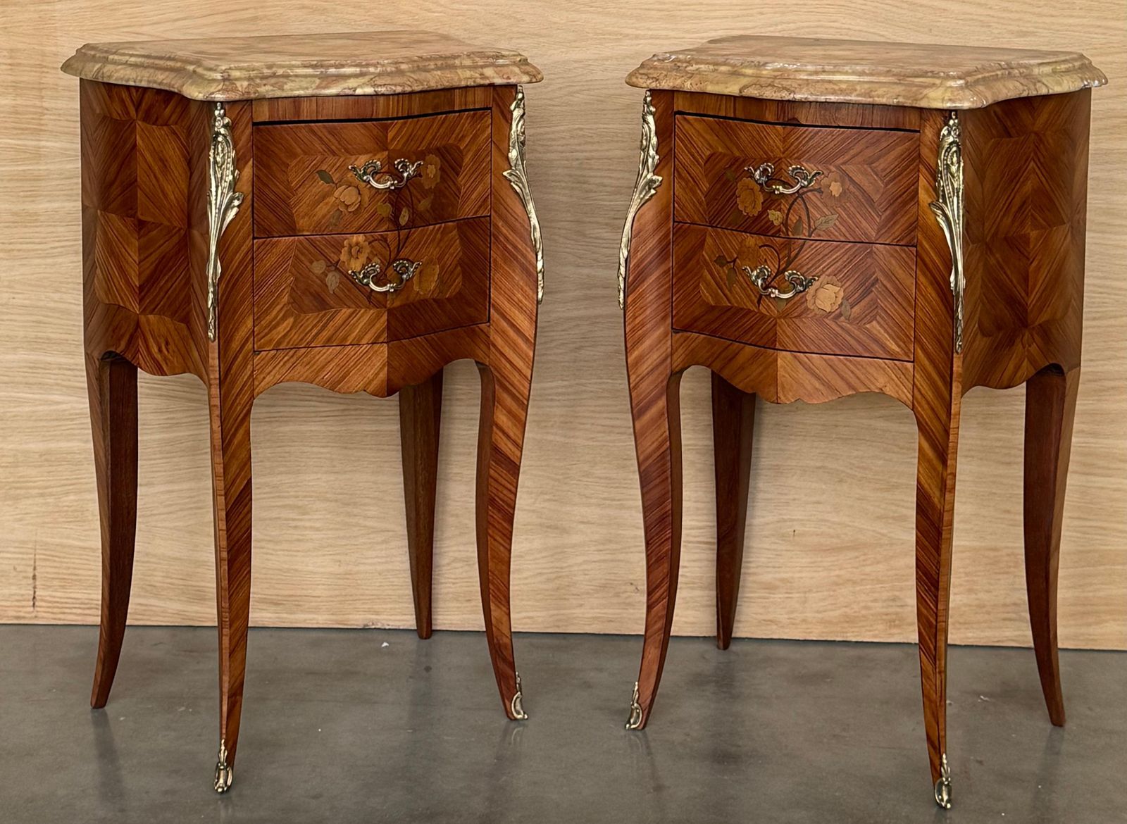photo for sale Pair Antique French Louis XV Marquetry Marble Top Nightstands With Two Drawers
